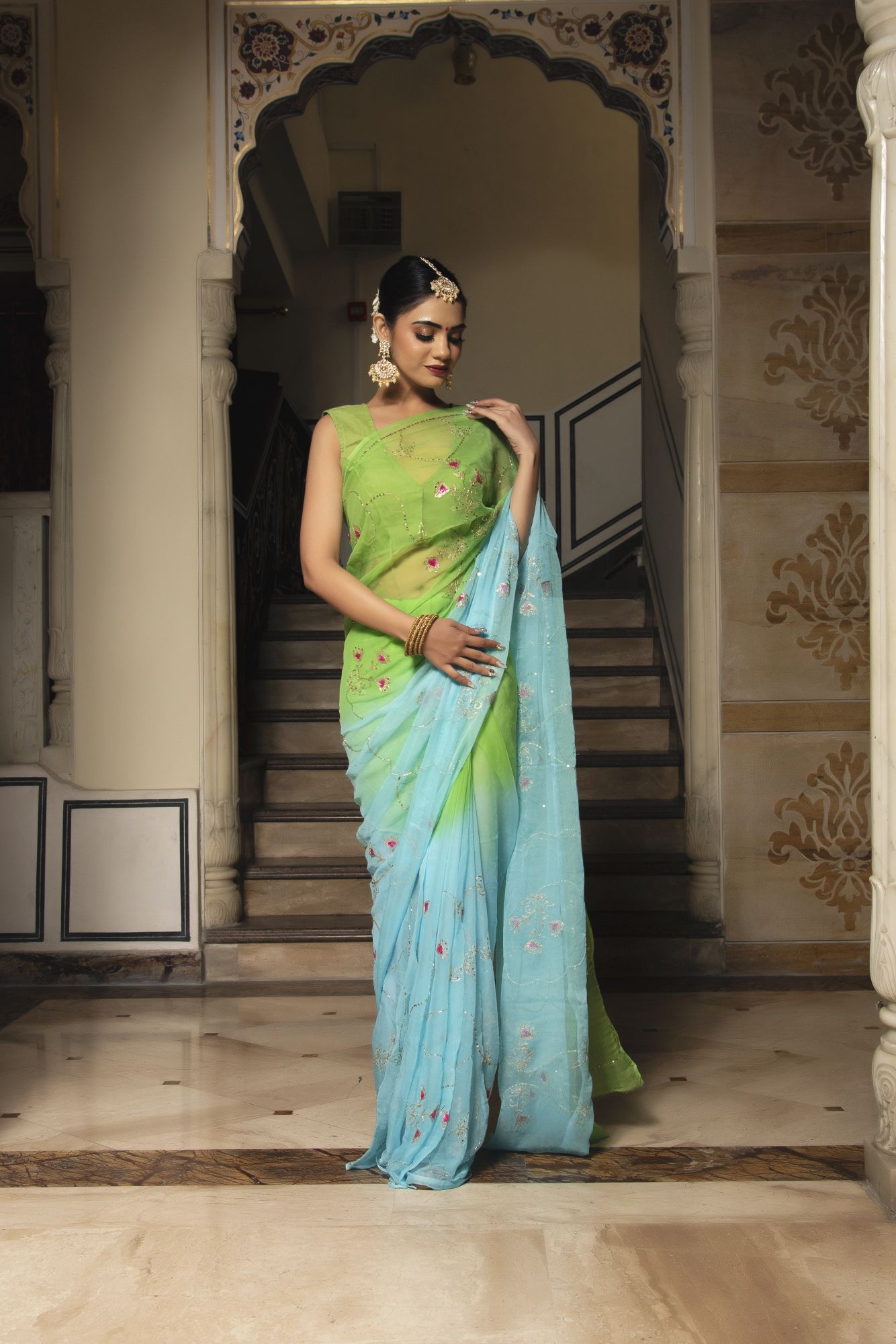 Parrot Blue Pure Chiffon Handwork Saree