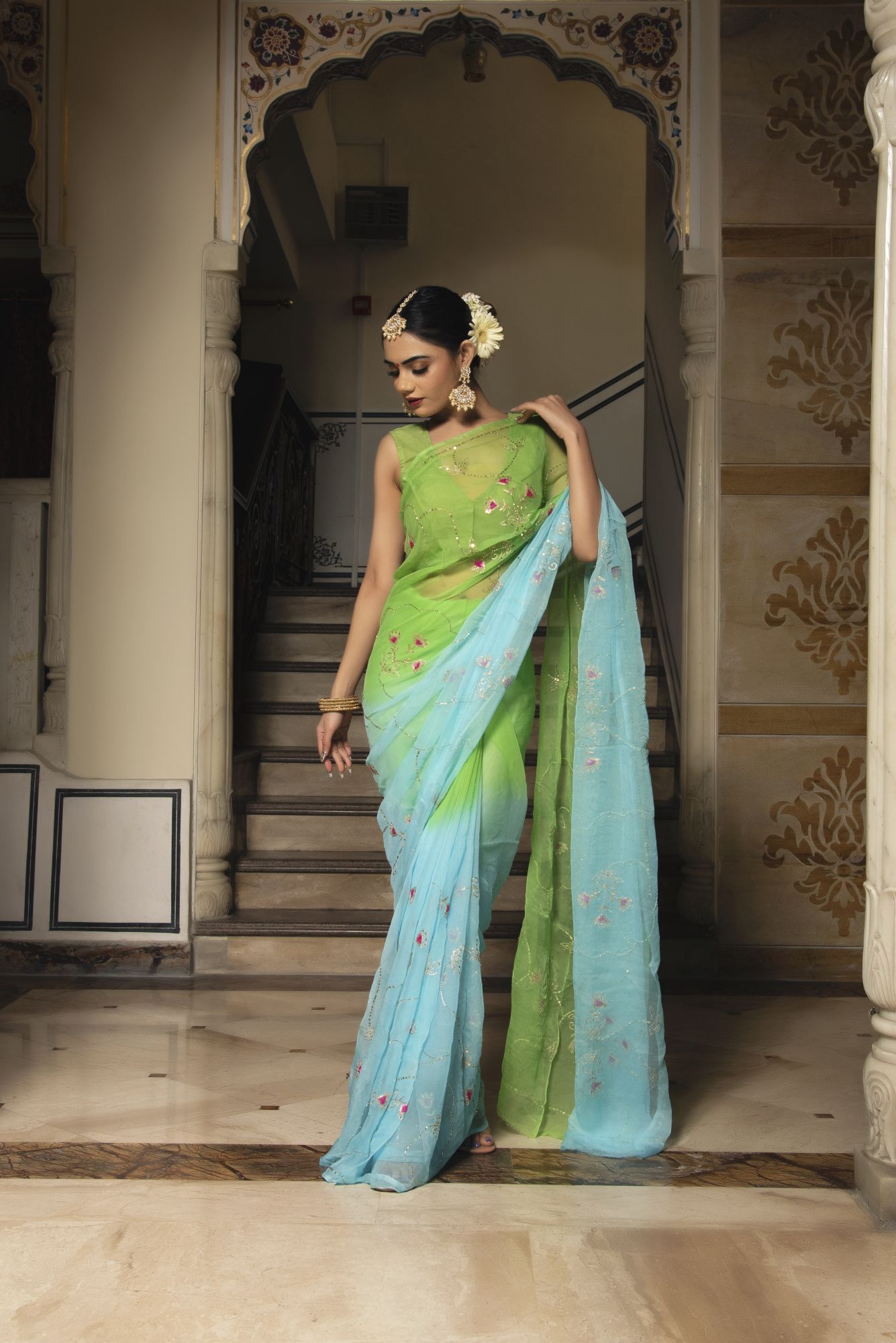 Parrot Blue Pure Chiffon Handwork Saree