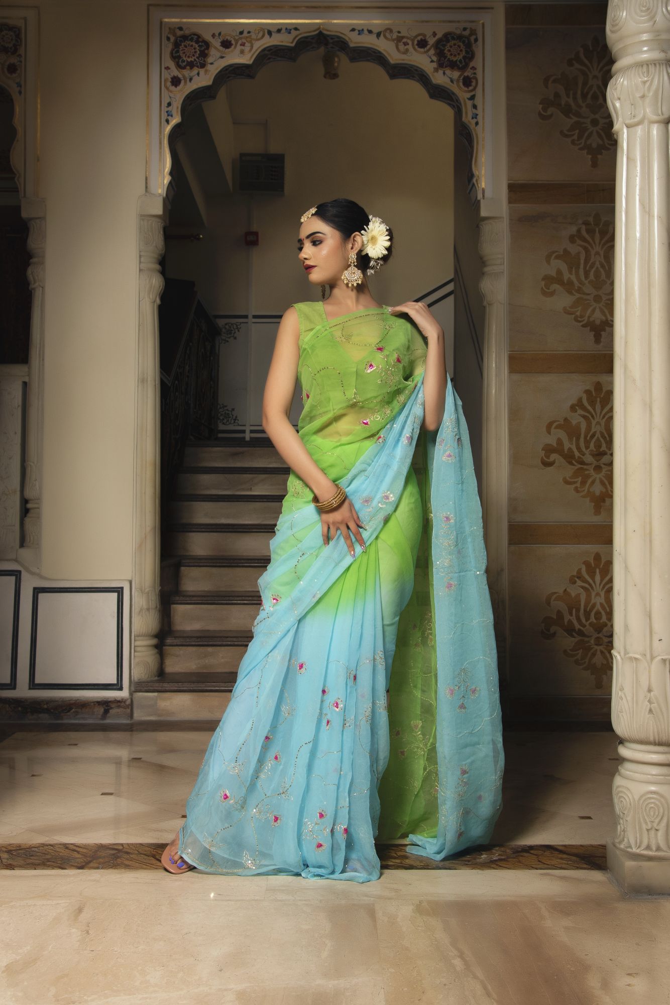 Parrot Blue Pure Chiffon Handwork Saree