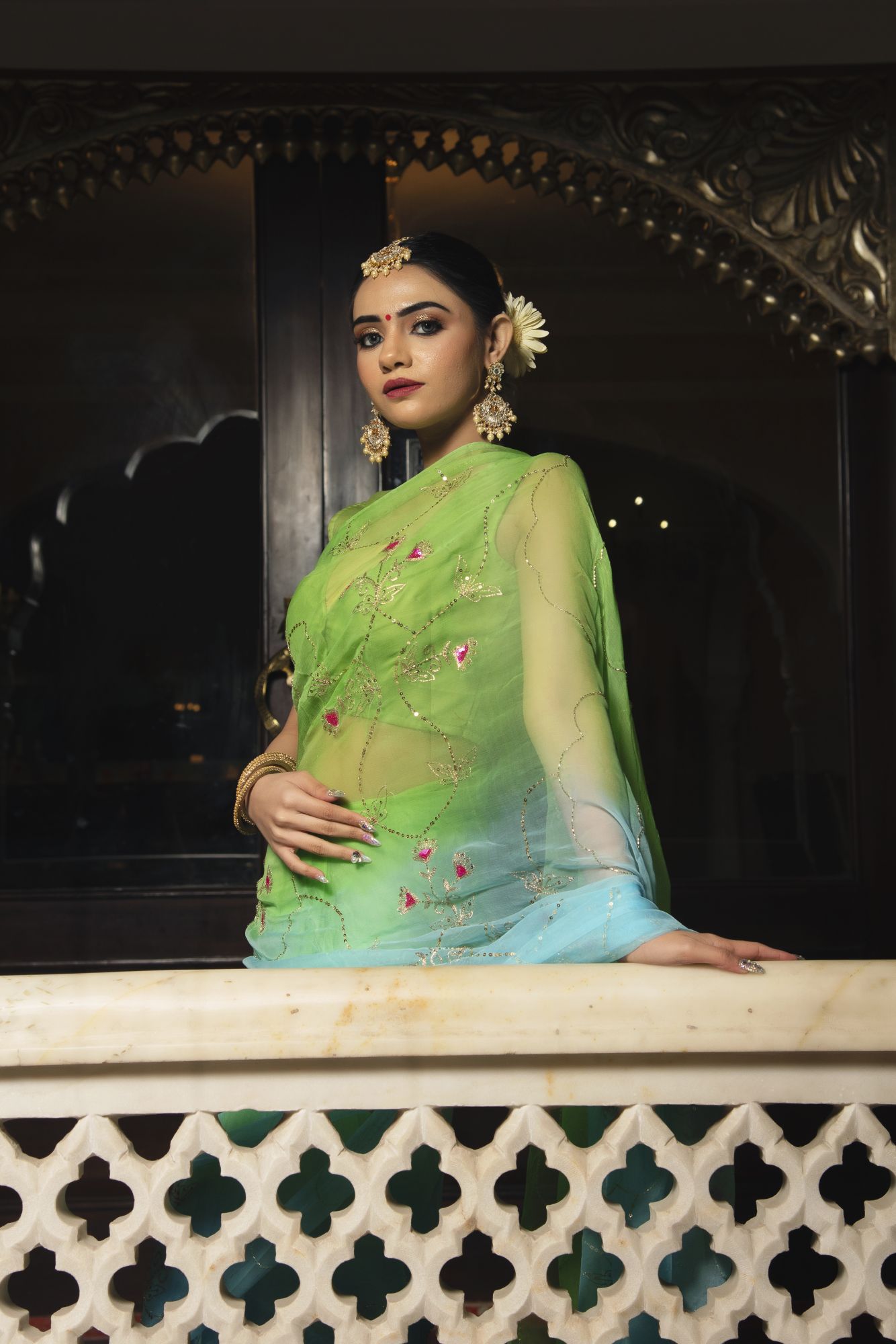 Parrot Blue Pure Chiffon Handwork Saree