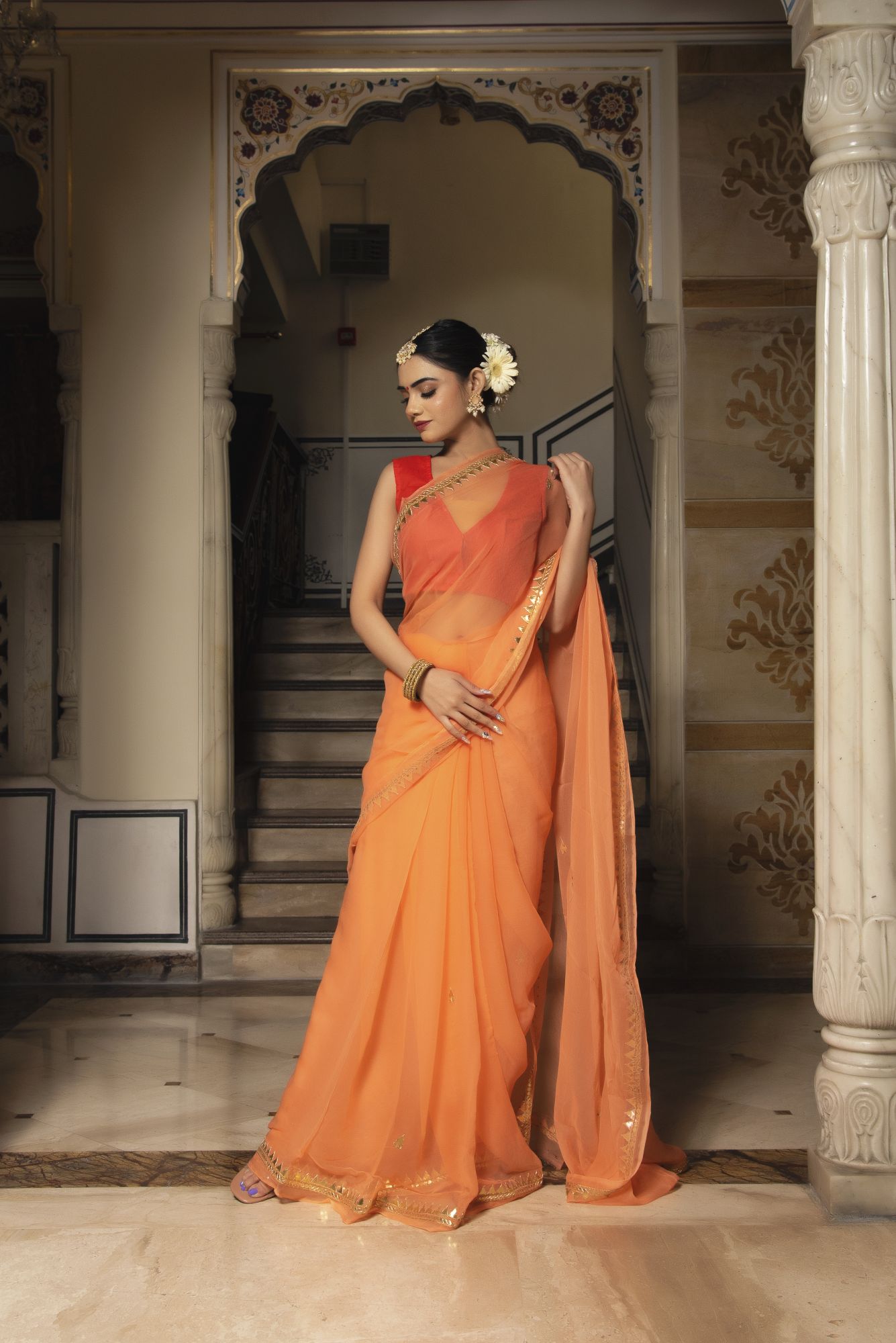 Tangy Orange Pure Chiffon Handwork Saree