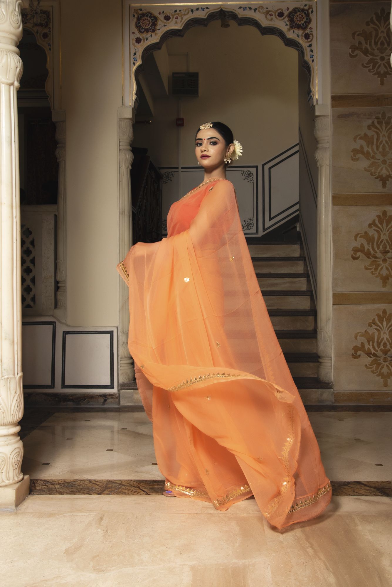 Tangy Orange Pure Chiffon Handwork Saree