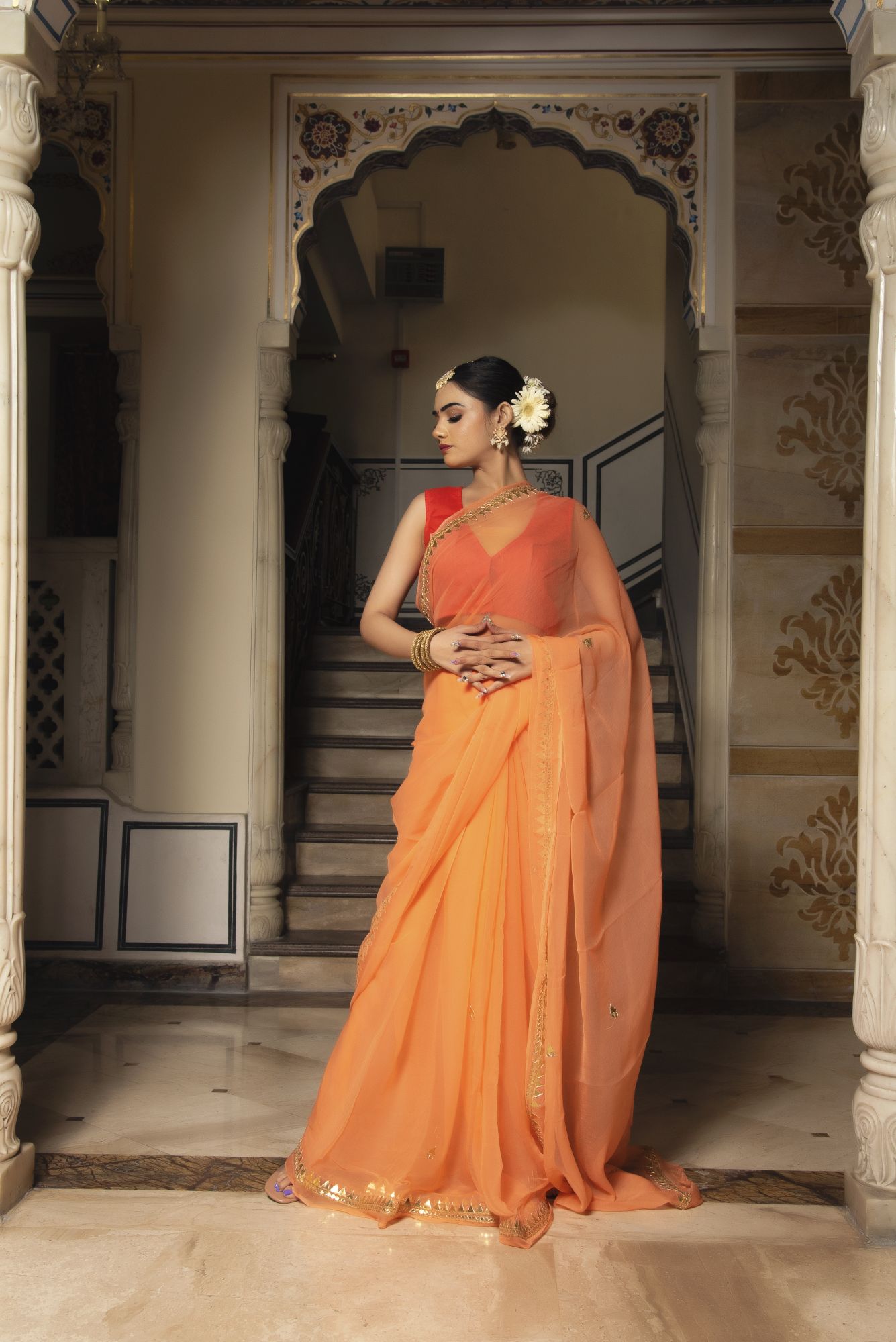 Tangy Orange Pure Chiffon Handwork Saree