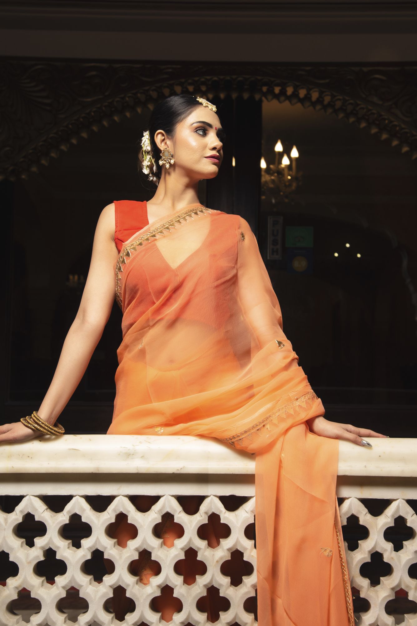 Tangy Orange Pure Chiffon Handwork Saree