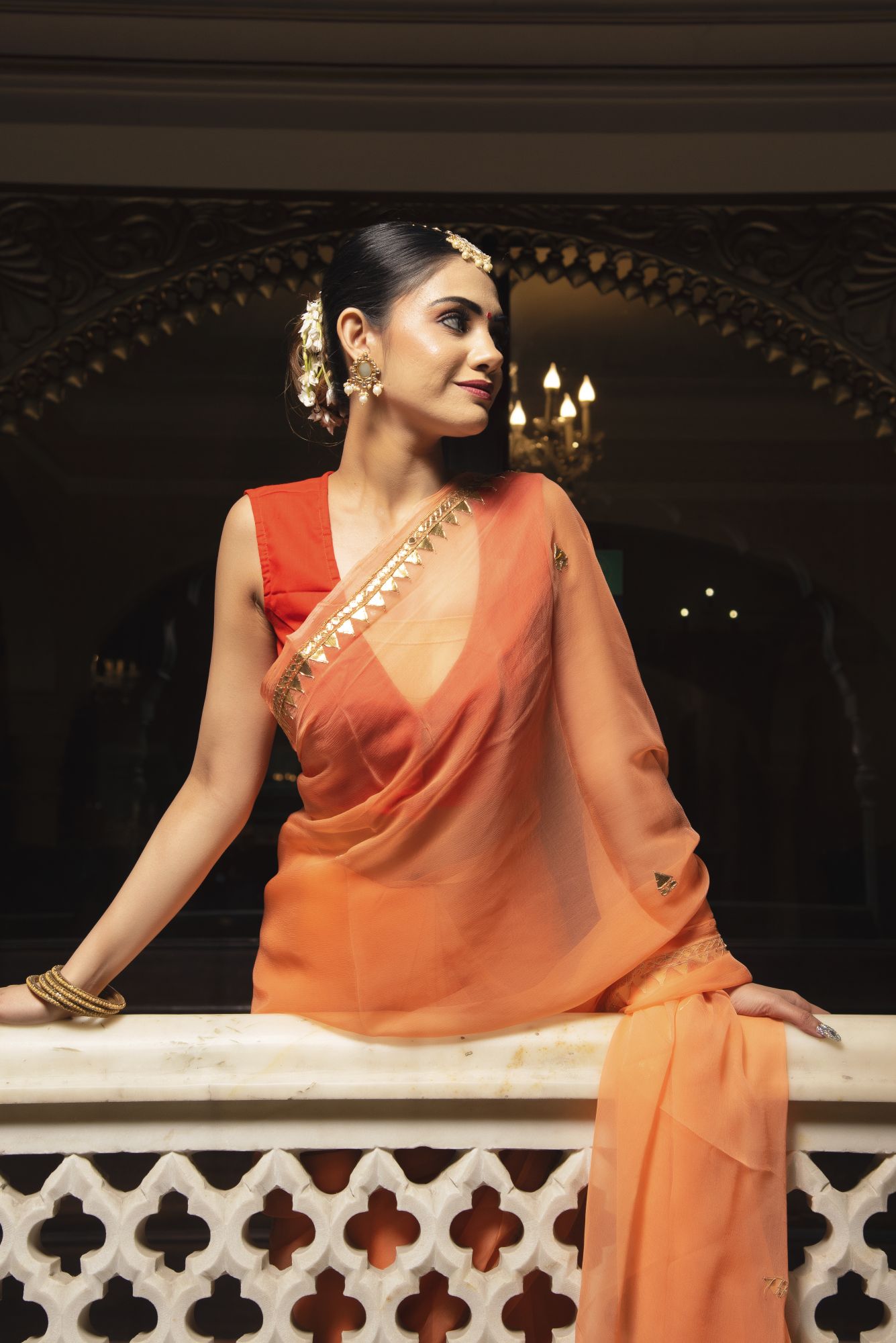 Tangy Orange Pure Chiffon Handwork Saree
