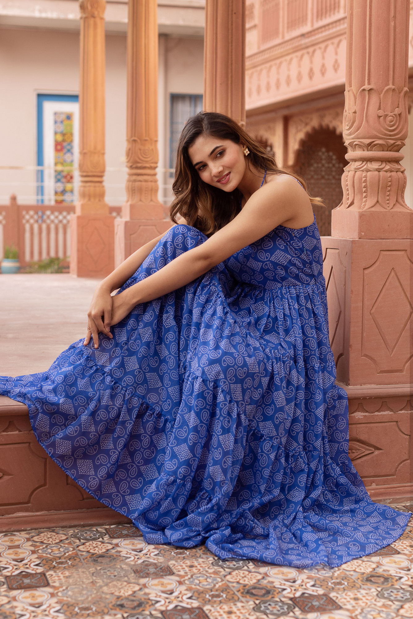 Blue Bandhej Georgette Dress
