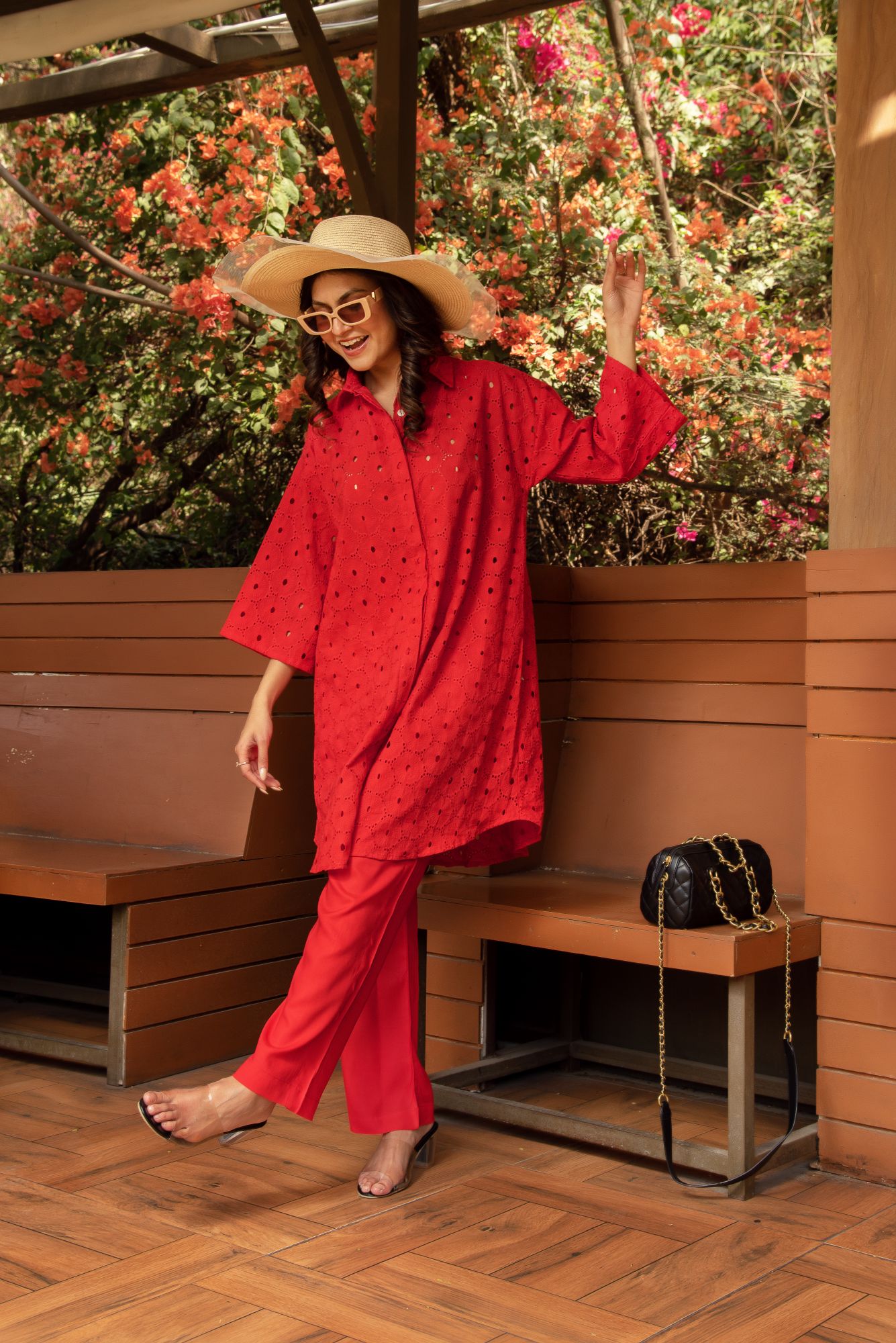 Red schiffli Coord Set