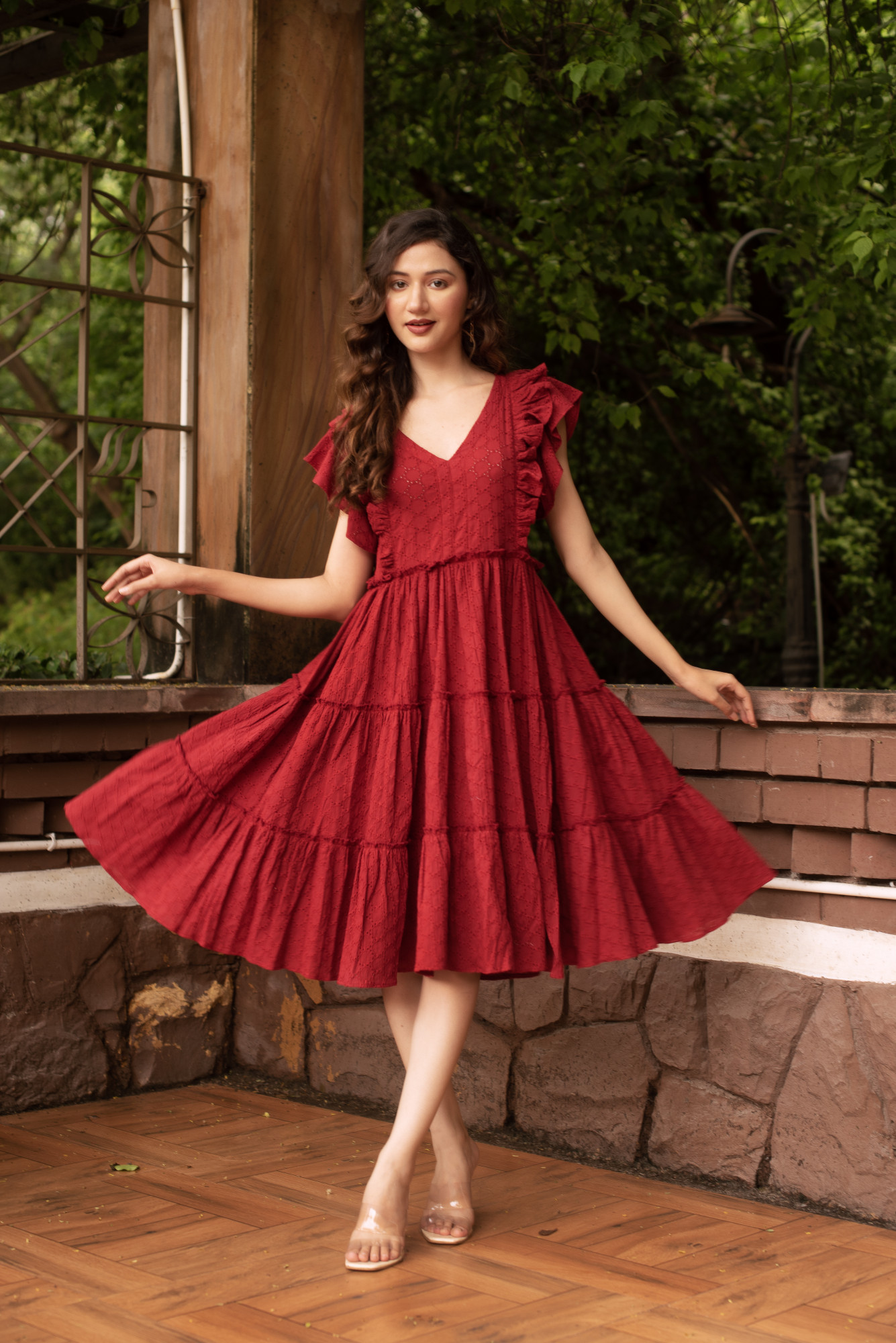 Maroon Schiffli Frill Dress