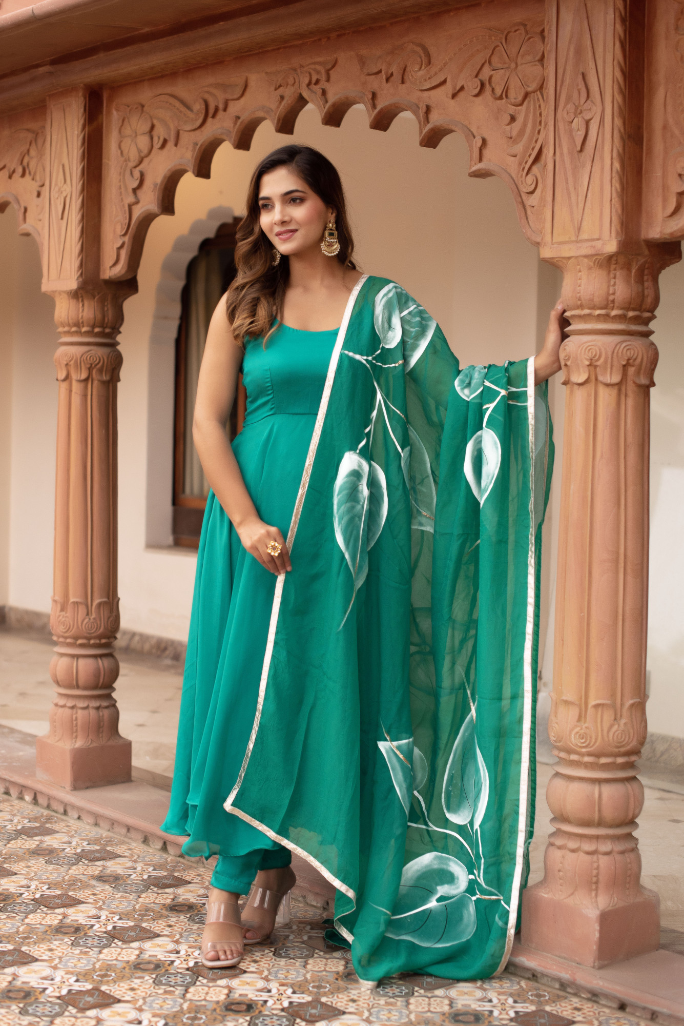Adya Teal Green Handpainted Suit Set