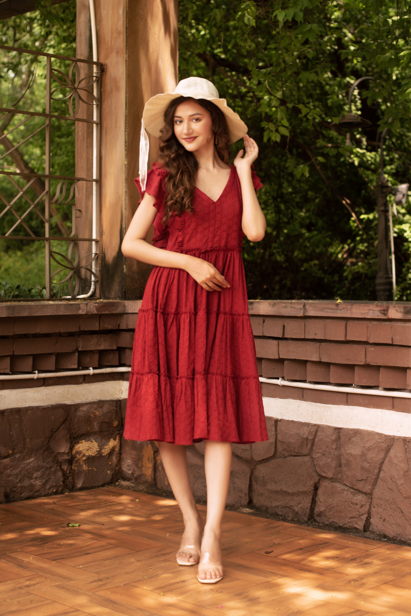 Maroon Schiffli Frill Dress