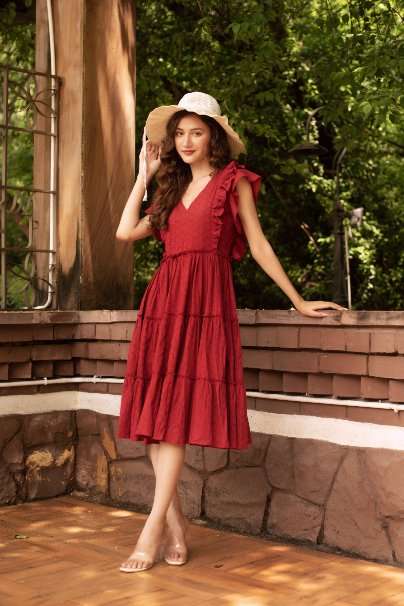 Maroon Schiffli Frill Dress