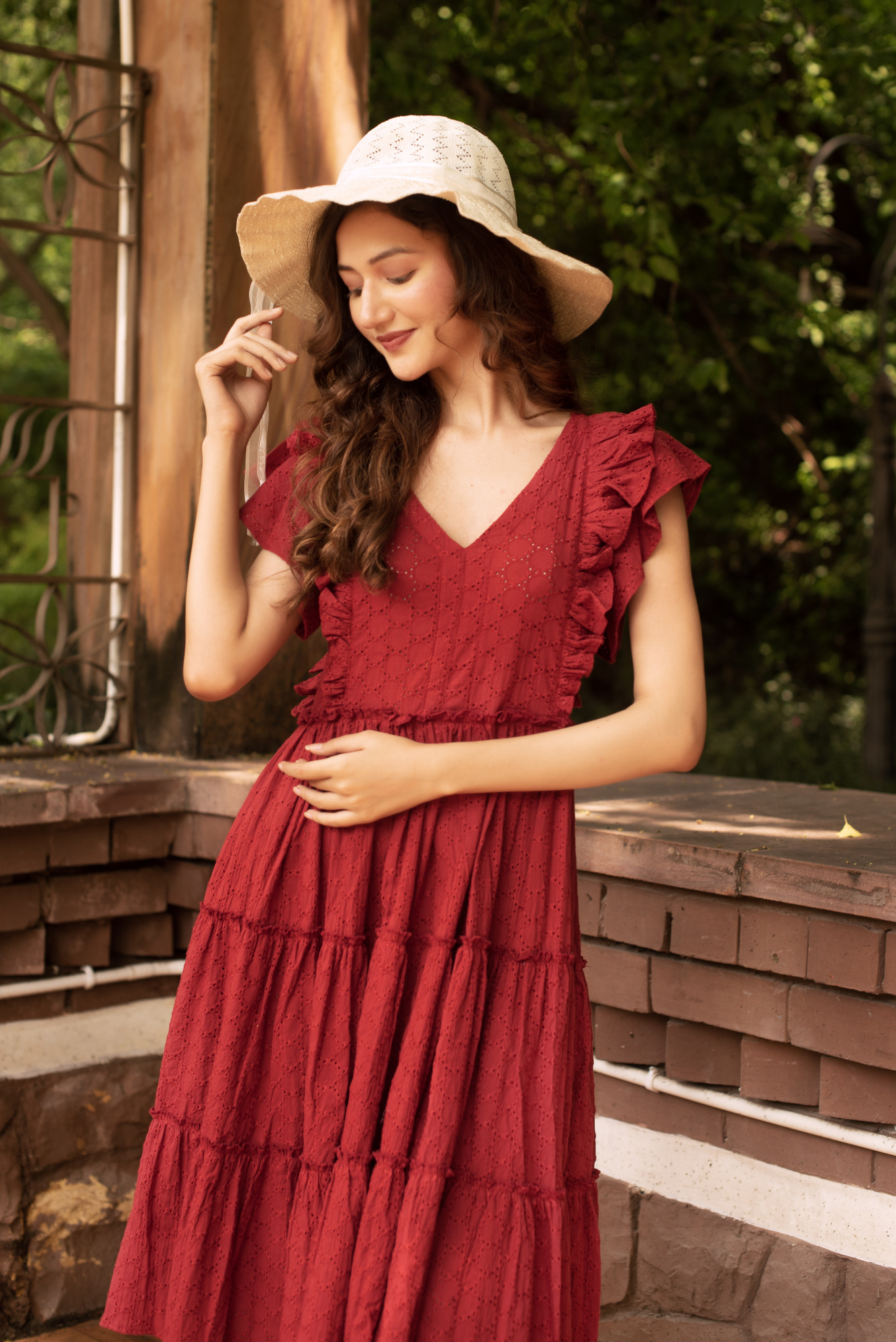 Maroon Schiffli Frill Dress