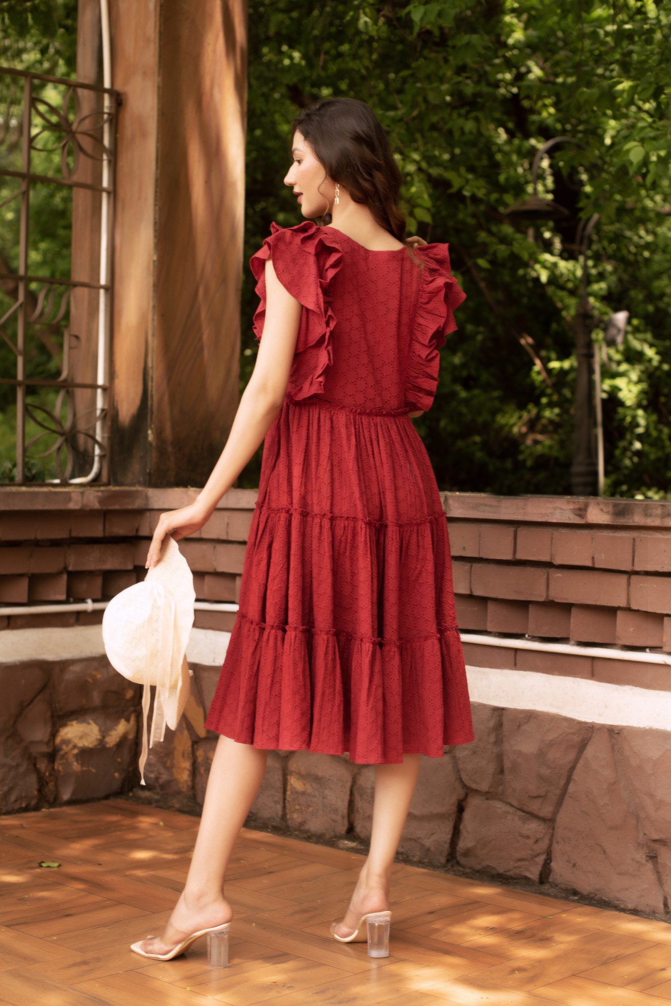 Maroon Schiffli Frill Dress