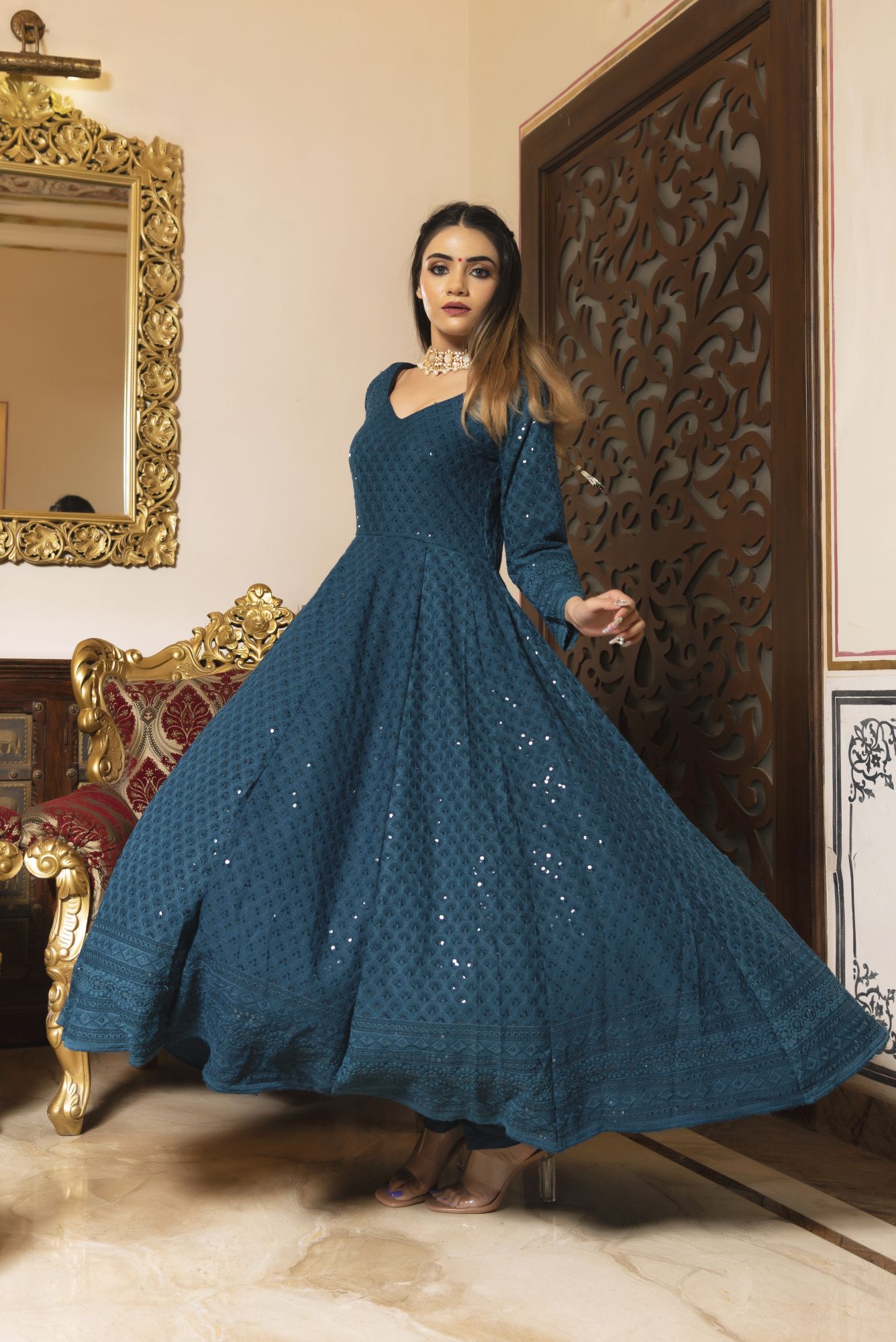 Sea View Chikankari Anarkali Suit Set