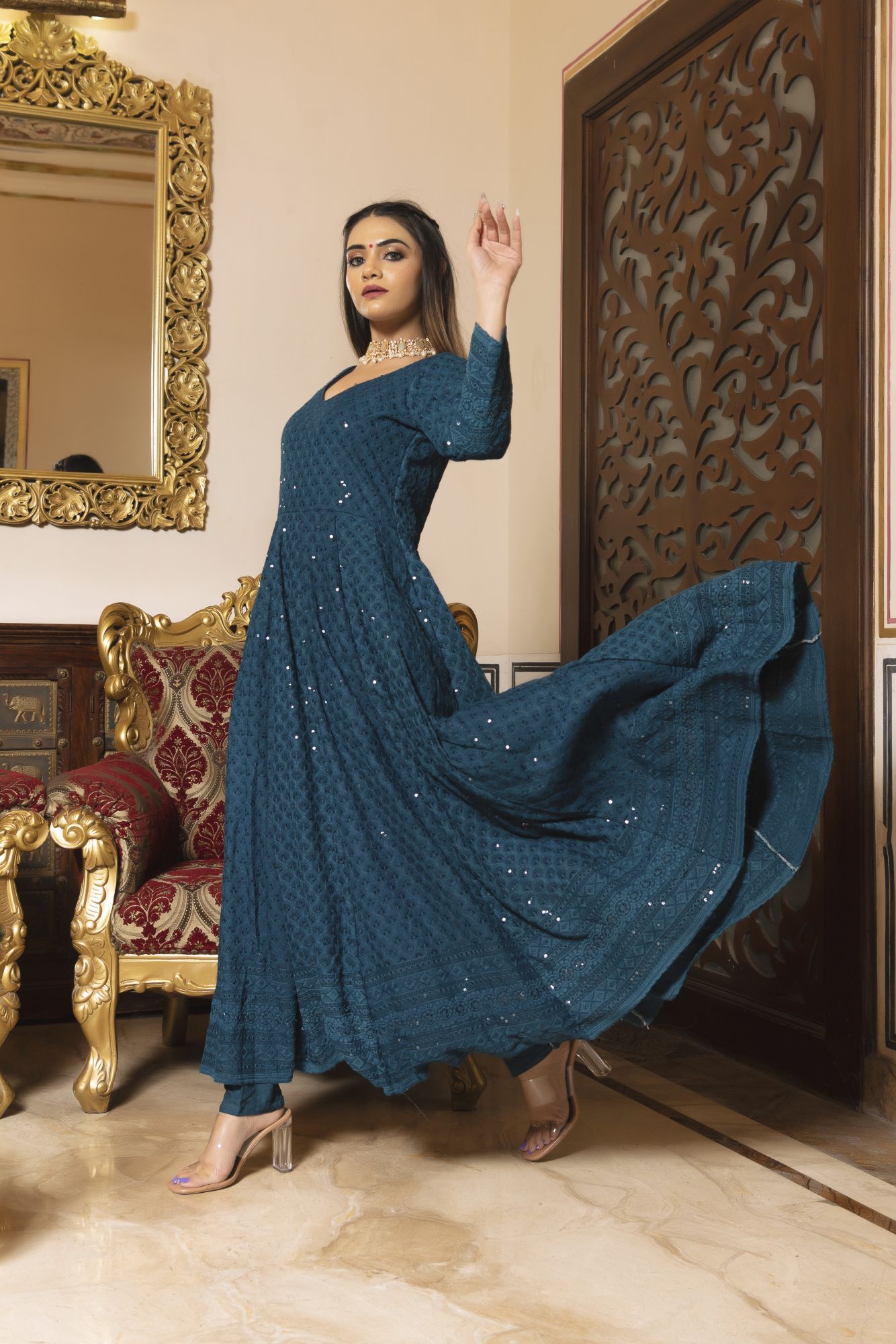 Sea View Chikankari Anarkali Suit Set
