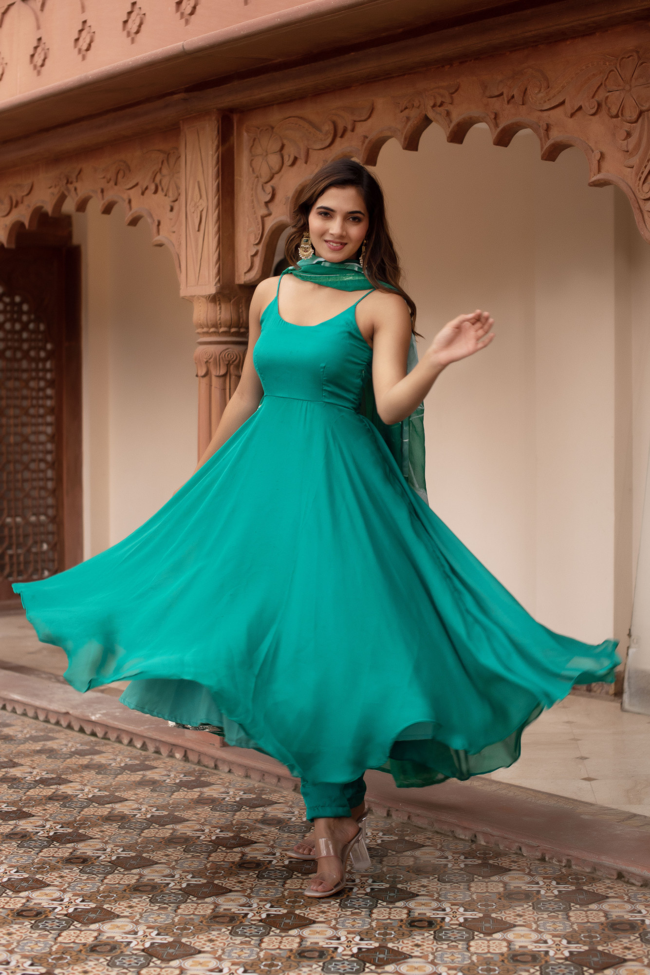 Adya Teal Green Handpainted Suit Set