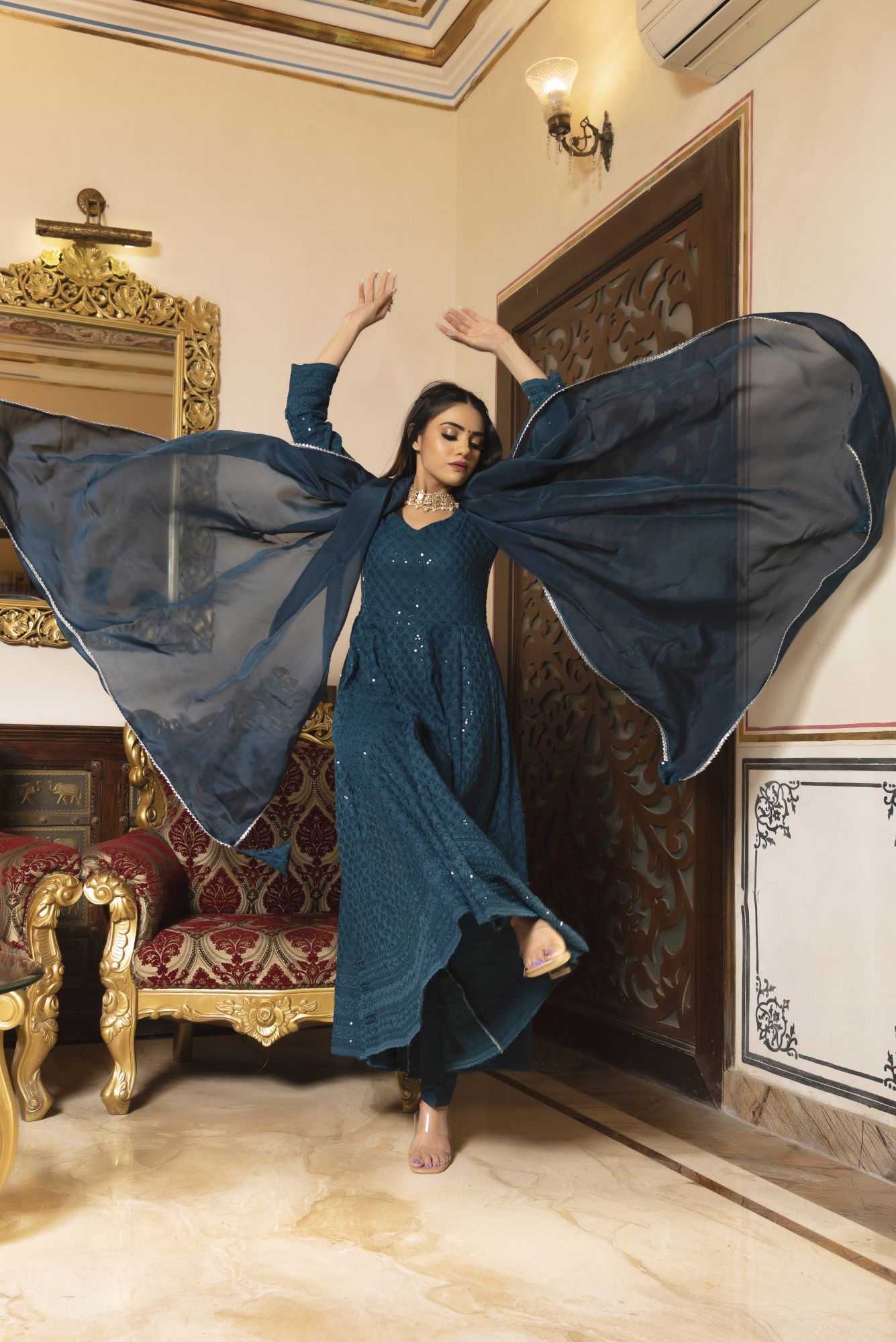 Sea View Chikankari Anarkali Suit Set