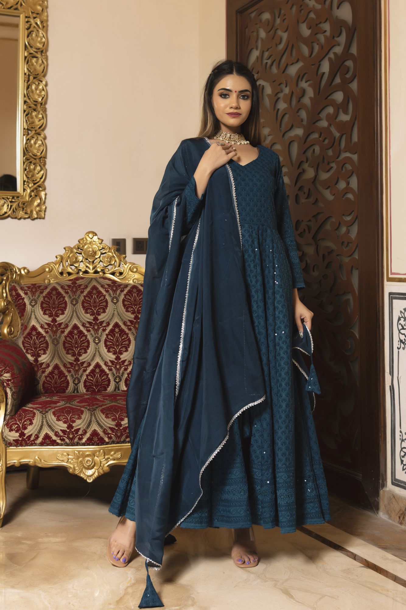 Sea View Chikankari Anarkali Suit Set