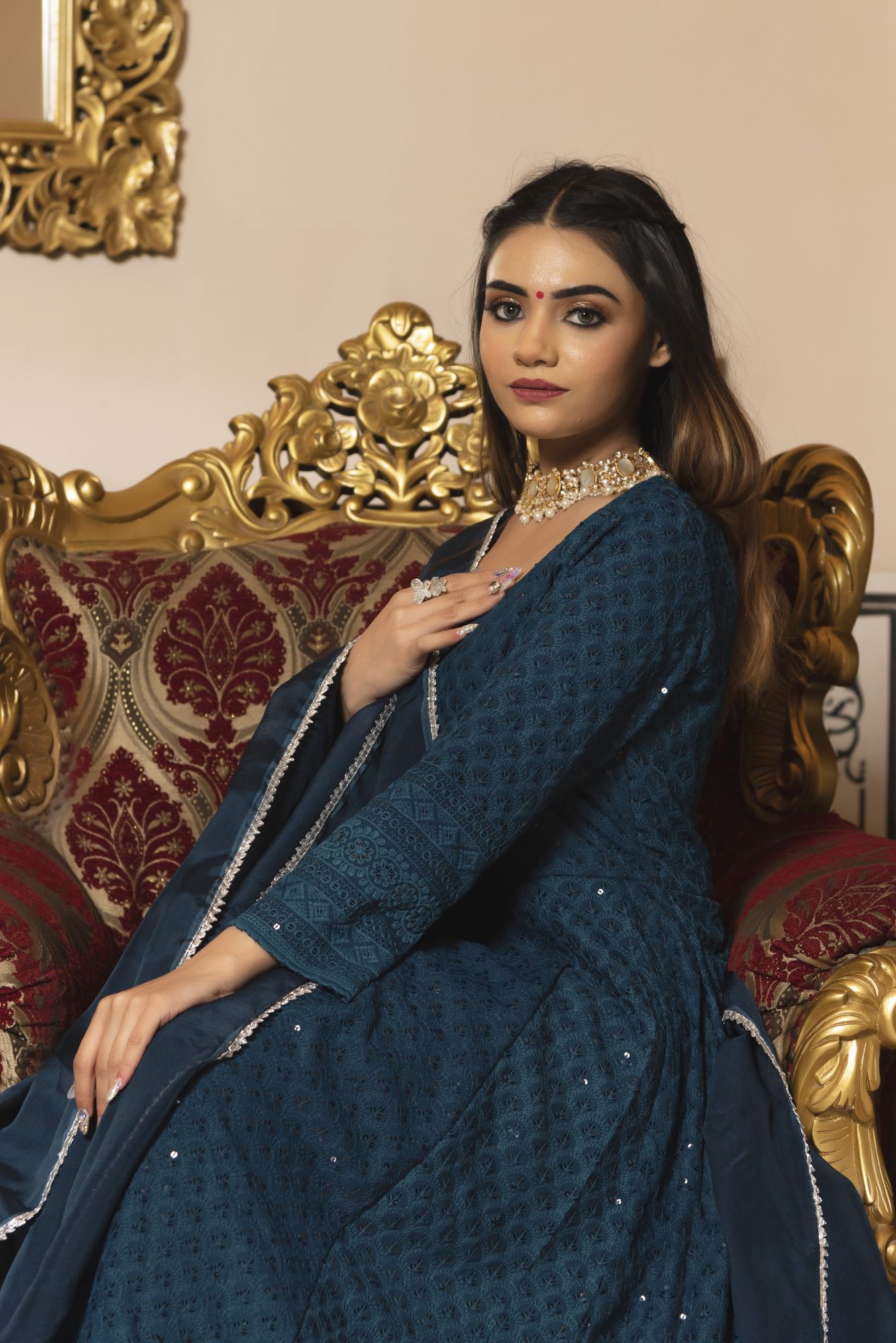 Sea View Chikankari Anarkali Suit Set