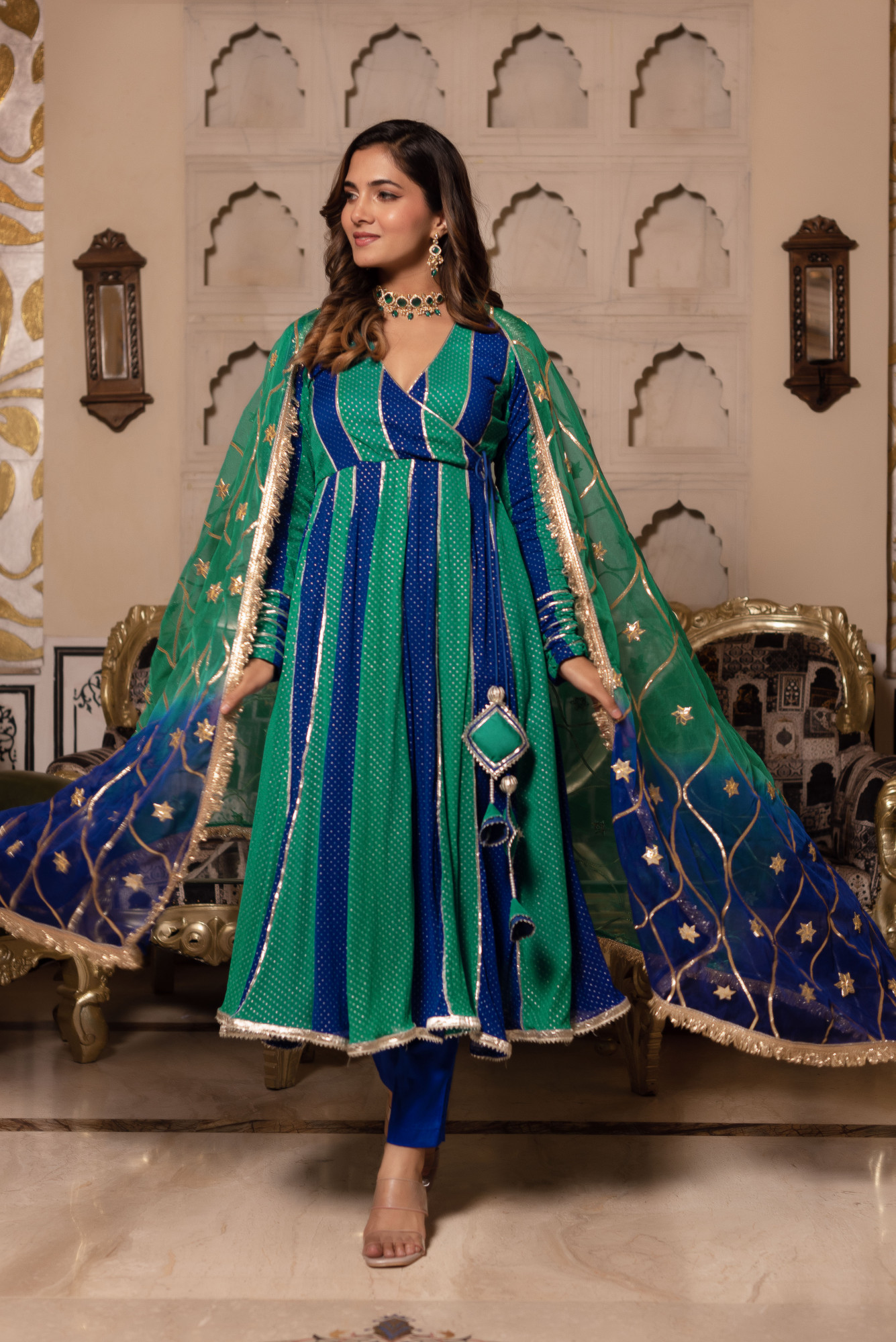Mayura Blue Green Angrakha Gottapaati Suit Set