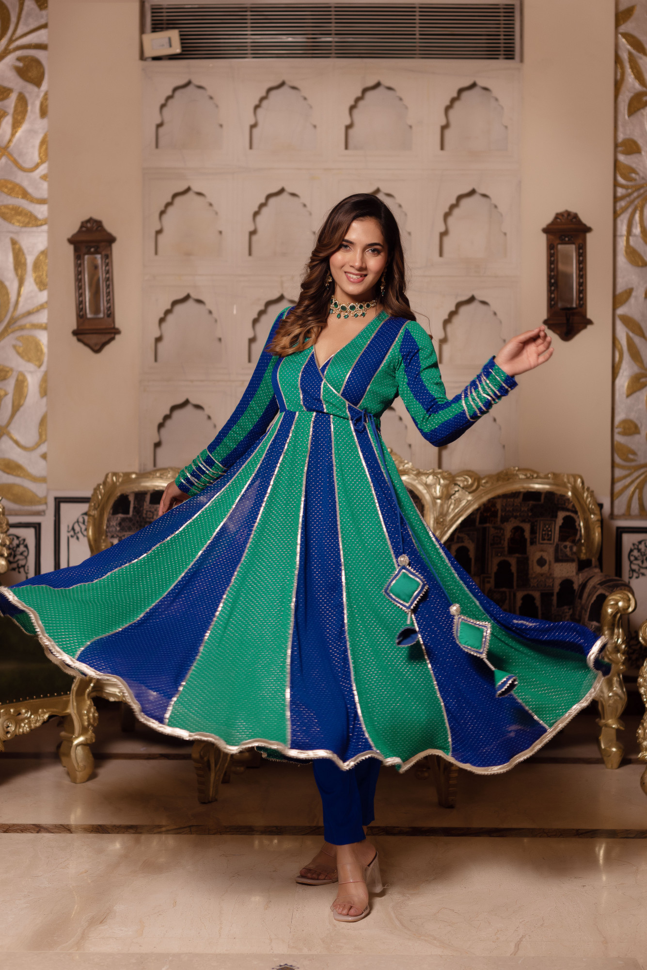 Mayura Blue Green Angrakha Gottapaati Suit Set