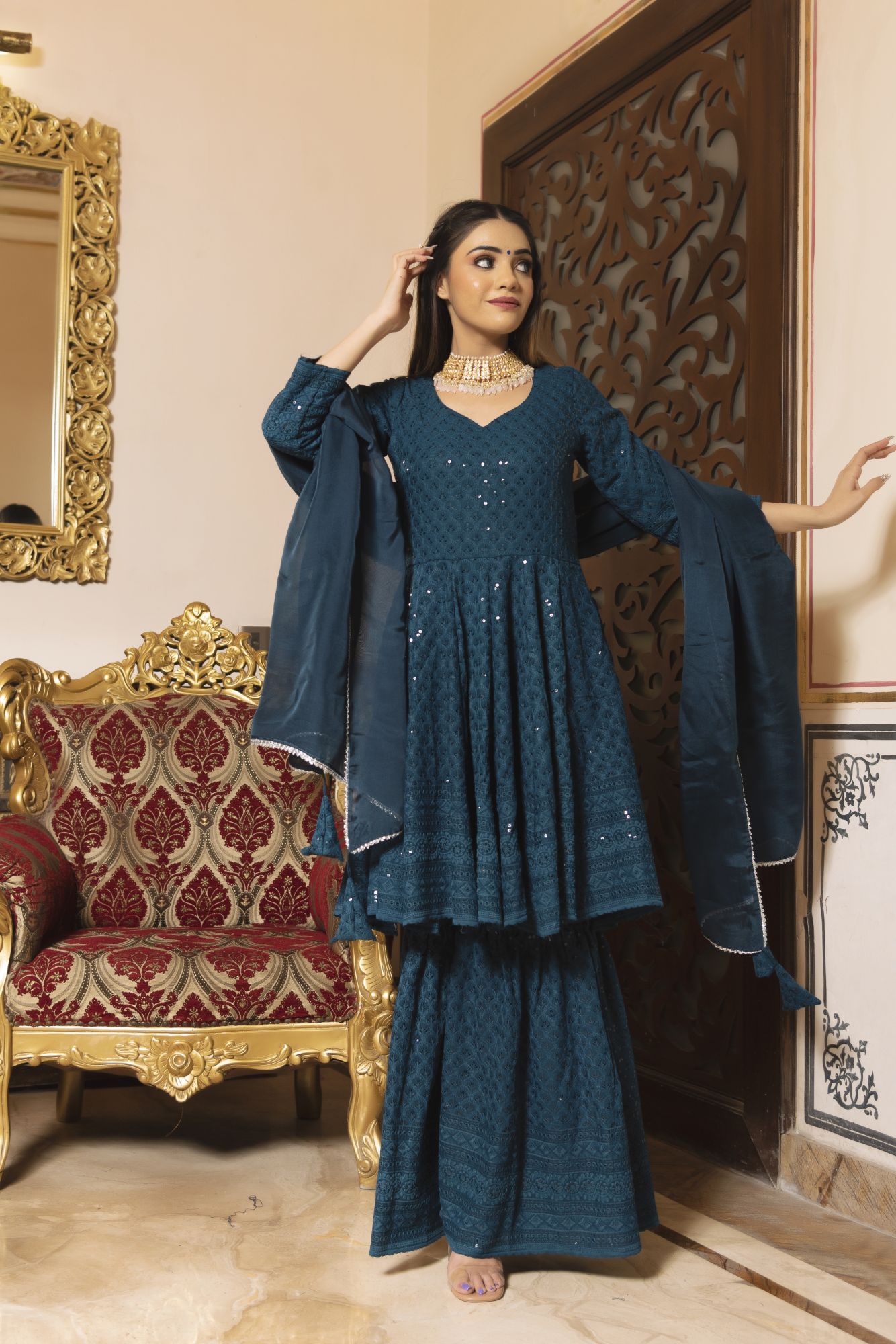 Sea View Chikankari Sharara Set