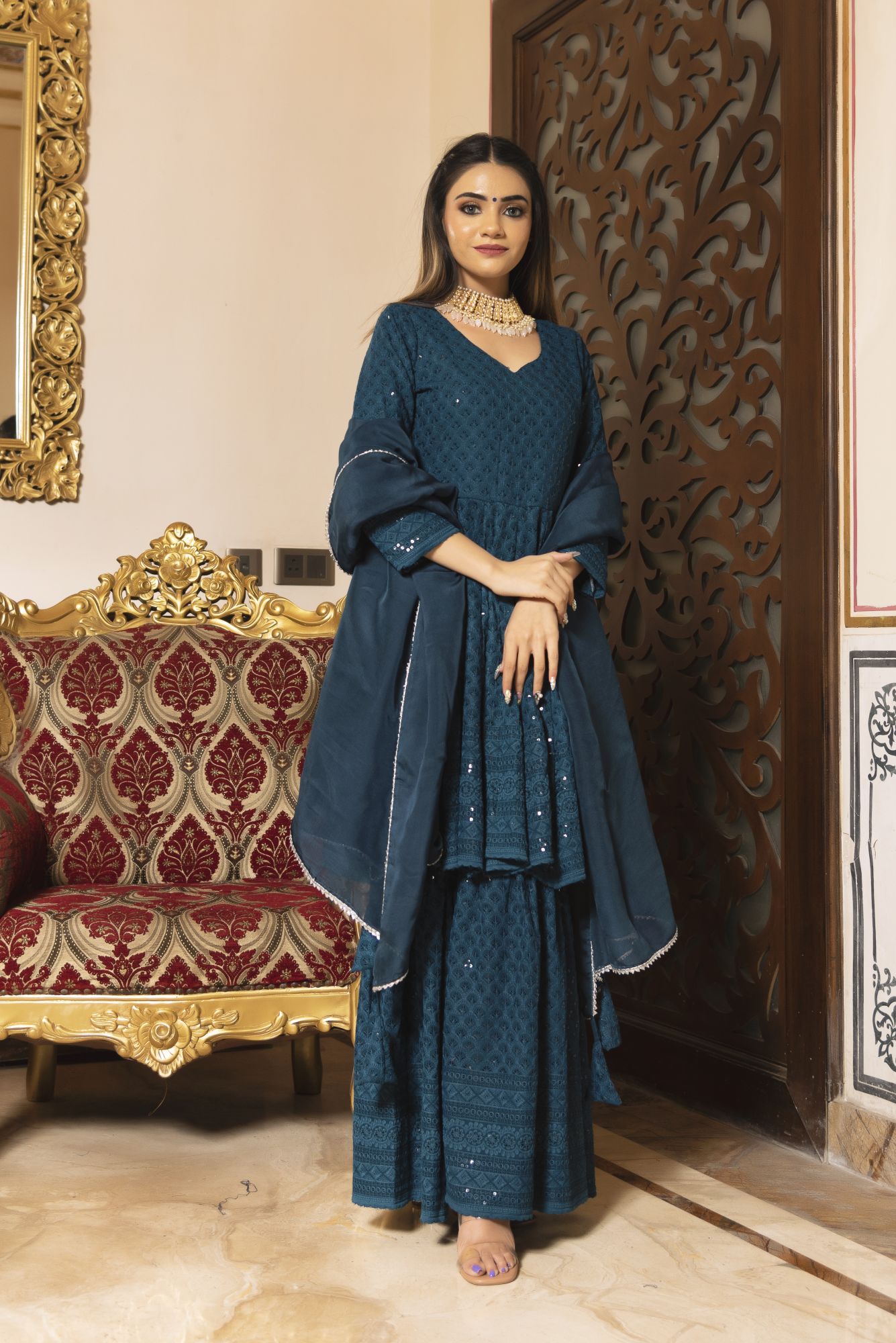 Sea View Chikankari Sharara Set