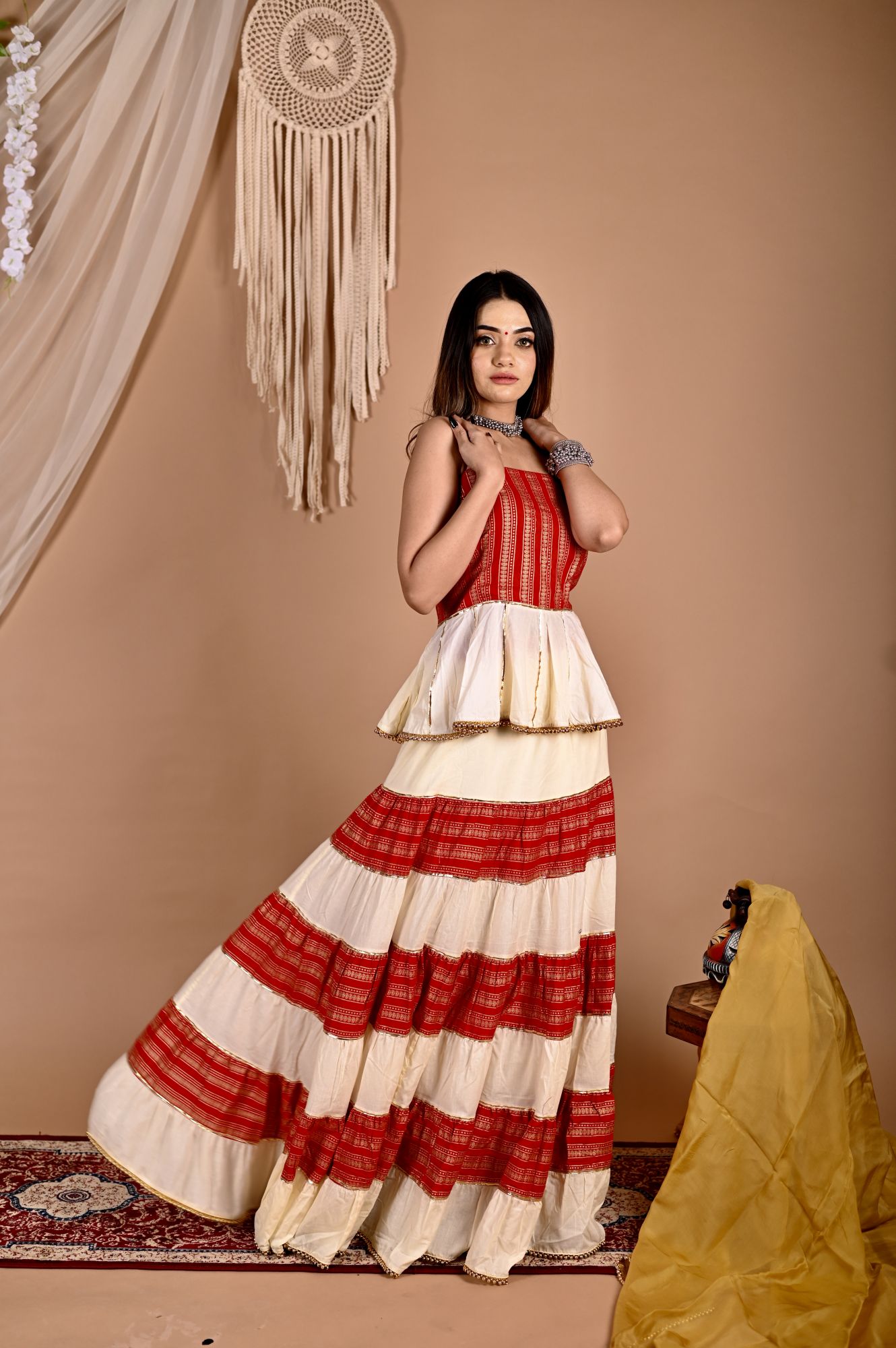 Golden Creamy Peplum Skirt Dupatta Set
