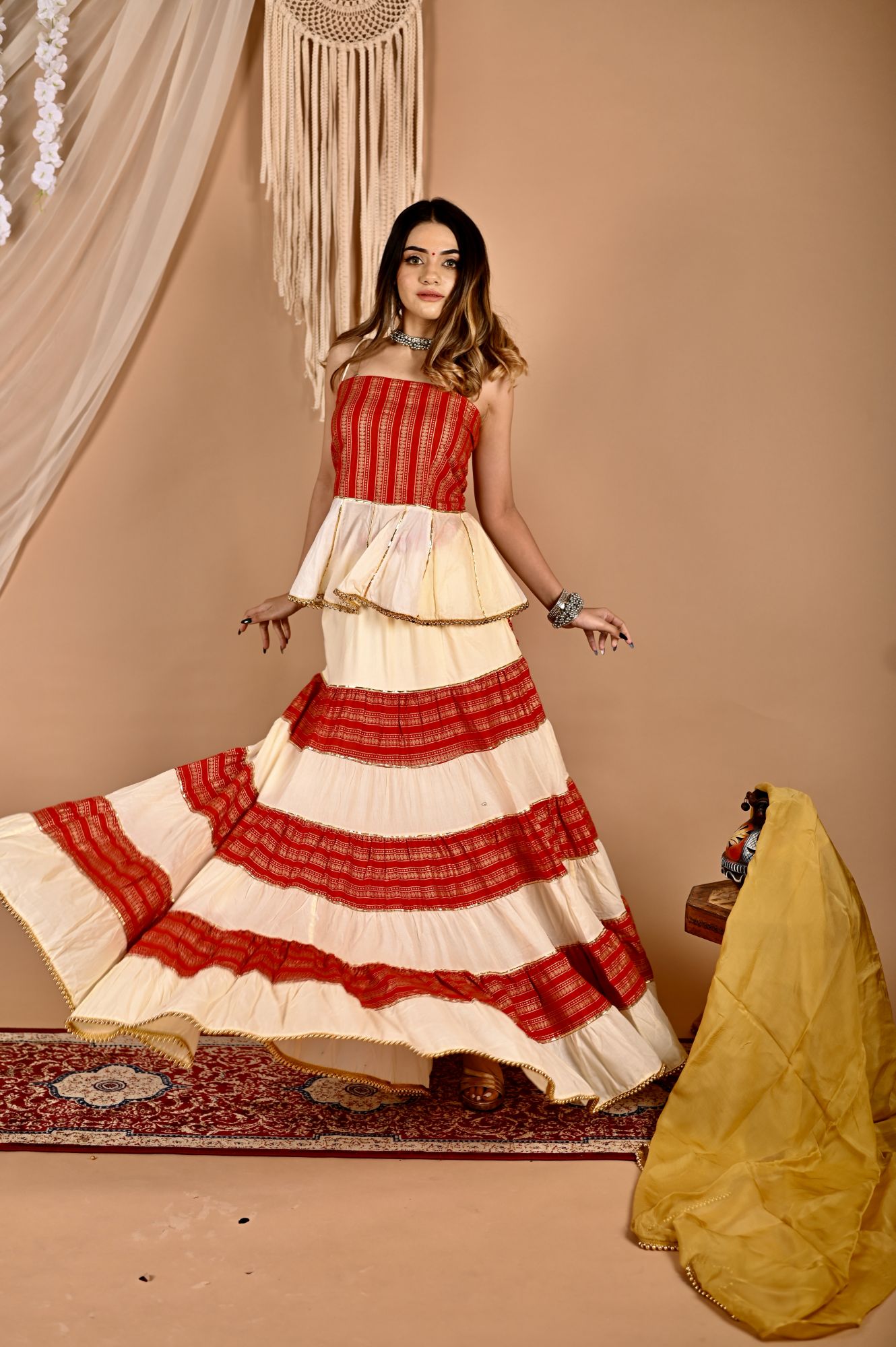 Golden Creamy Peplum Skirt Dupatta Set