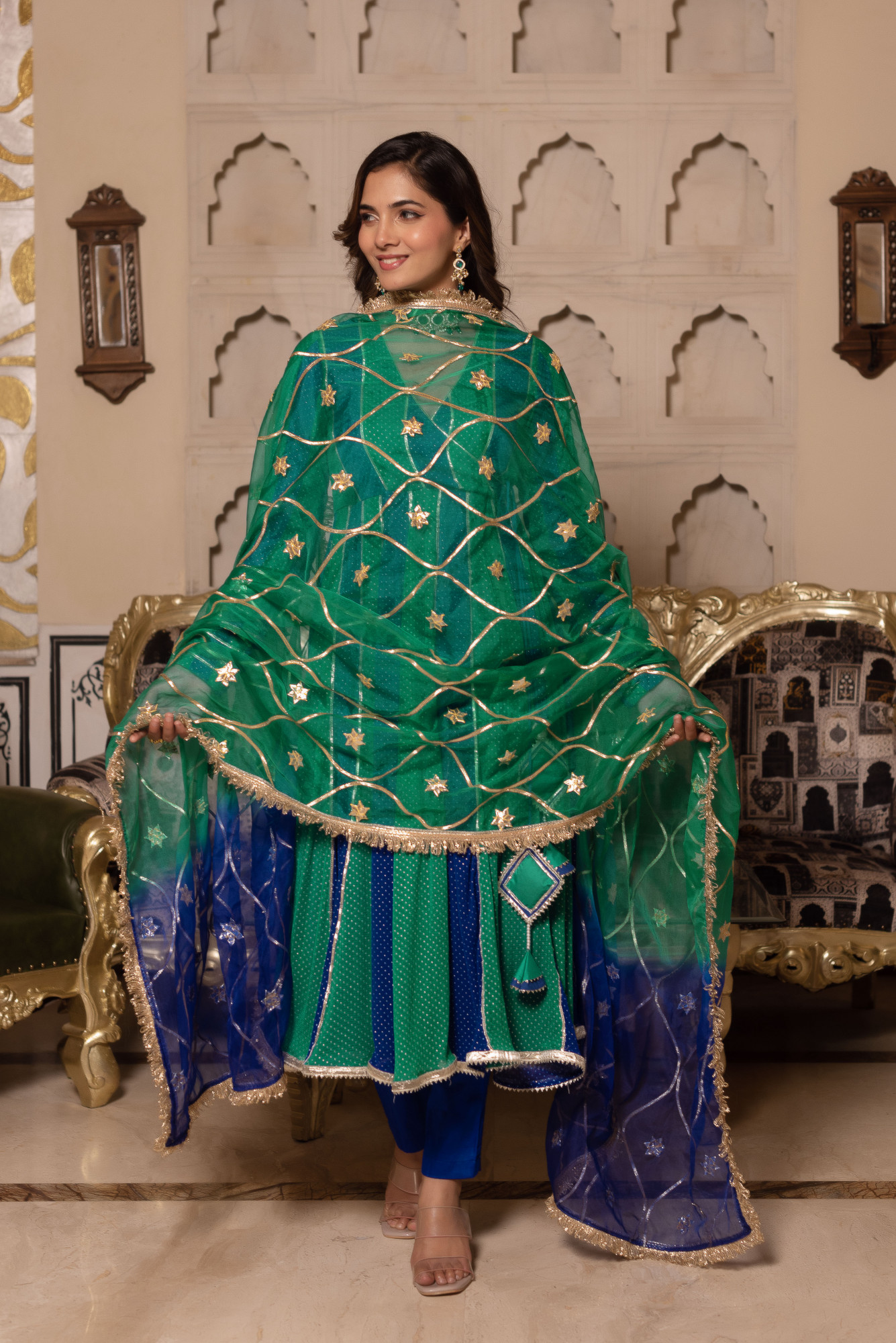 Mayura Blue Green Angrakha Gottapaati Suit Set