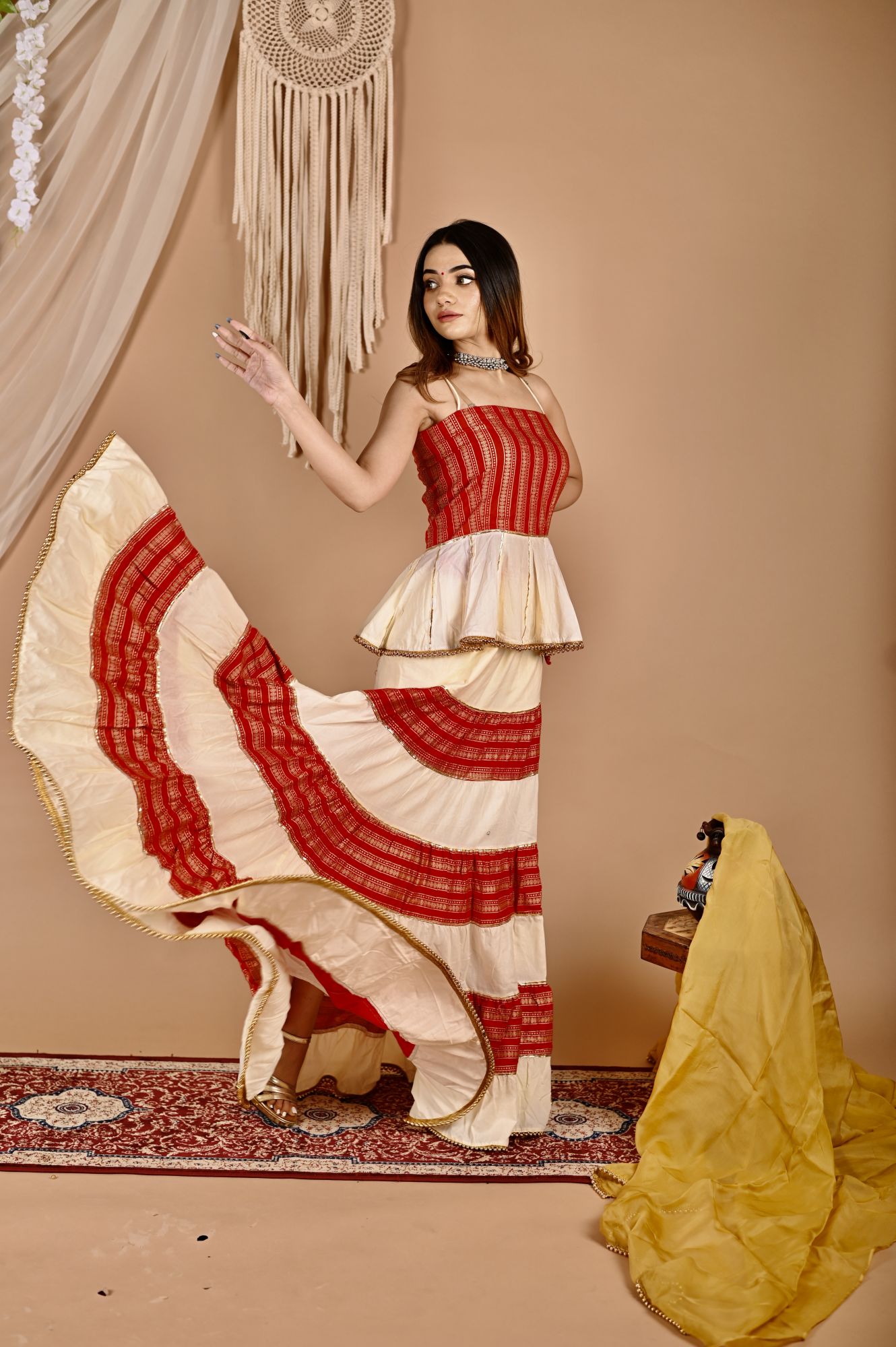 Golden Creamy Peplum Skirt Dupatta Set