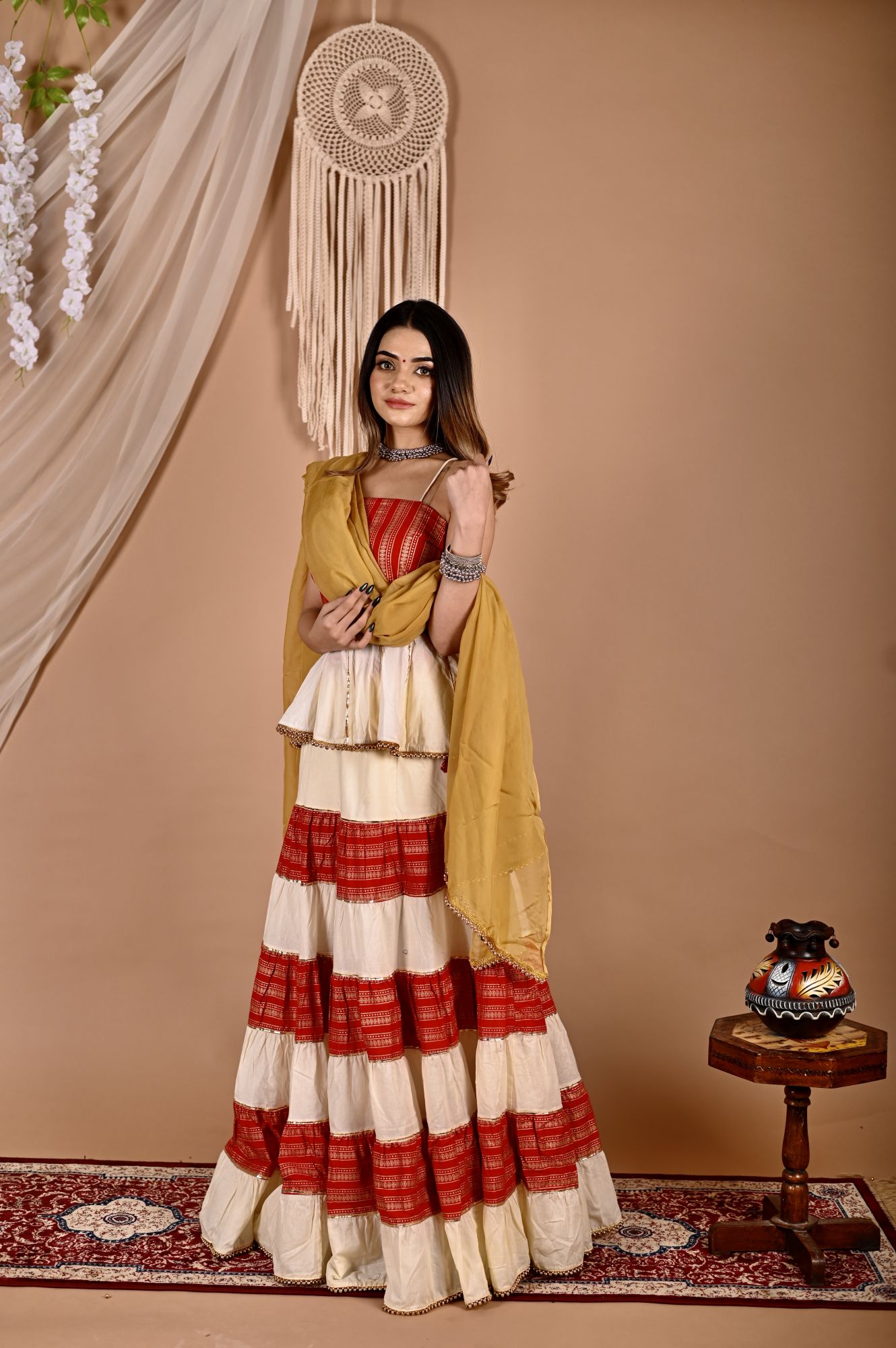 Golden Creamy Peplum Skirt Dupatta Set