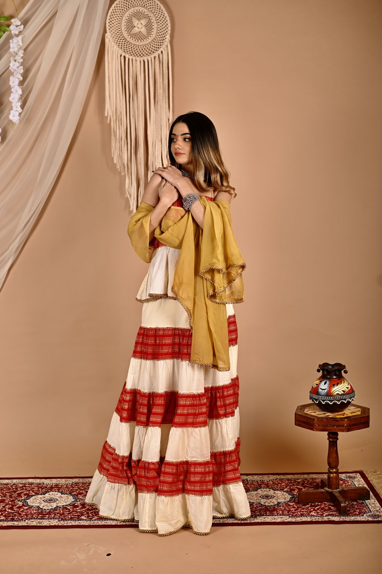 Golden Creamy Peplum Skirt Dupatta Set
