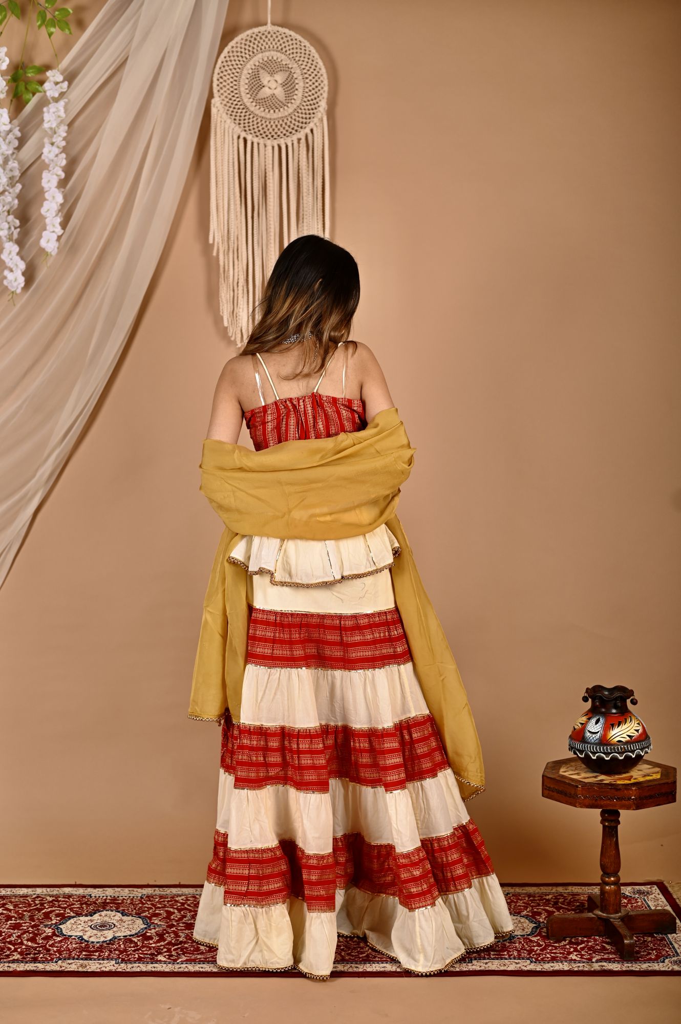 Golden Creamy Peplum Skirt Dupatta Set