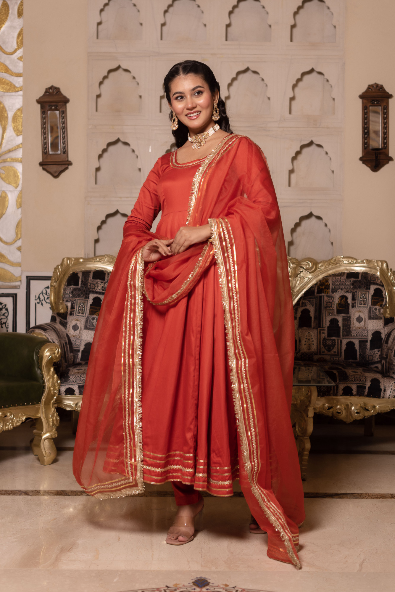 Juniper Orange Anarkali Suit Set