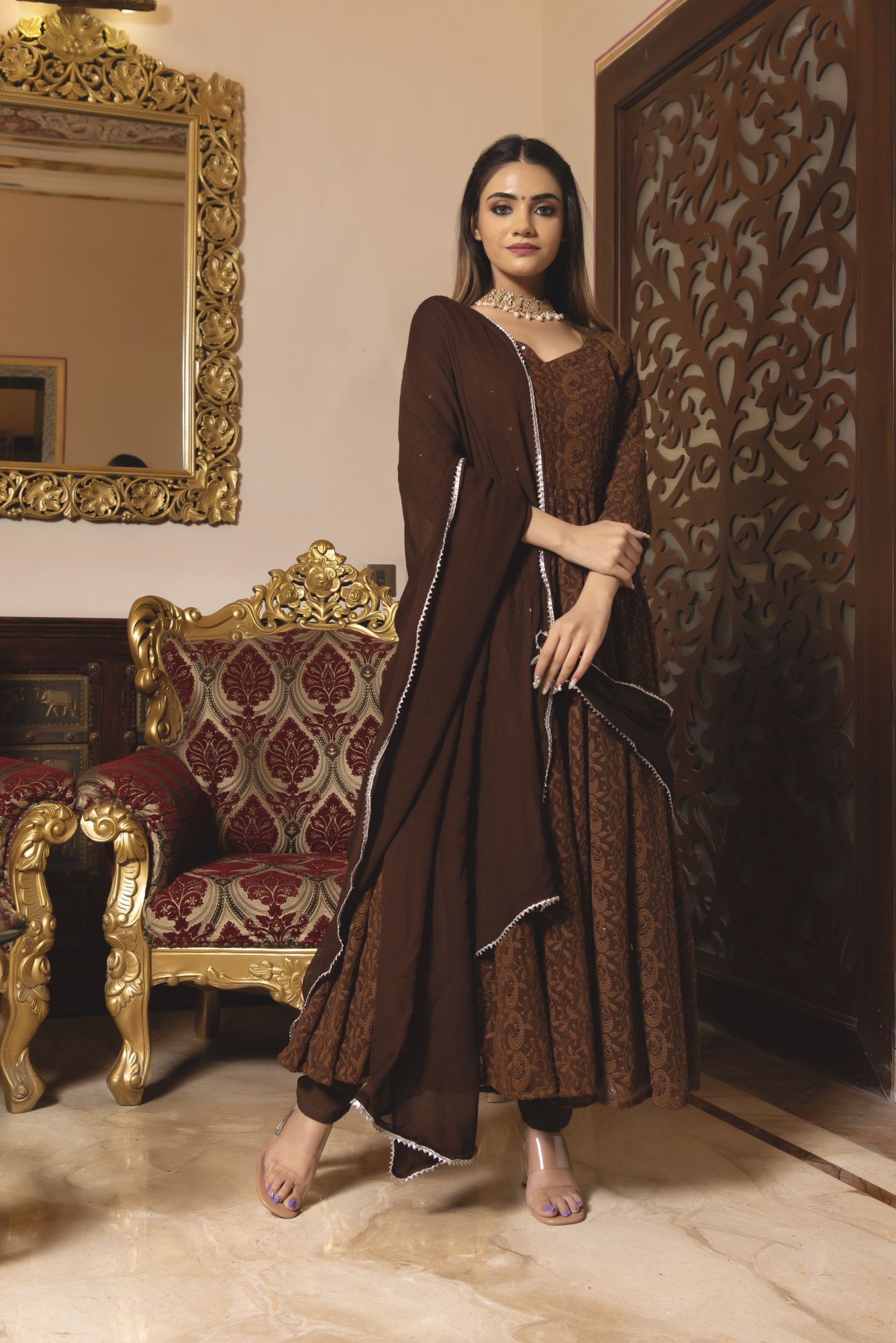 Brown Berry Chikankari Anarkali Suit Set