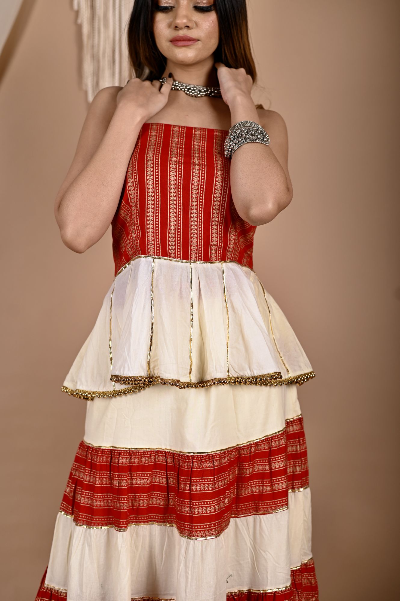 Golden Creamy Peplum Skirt Dupatta Set