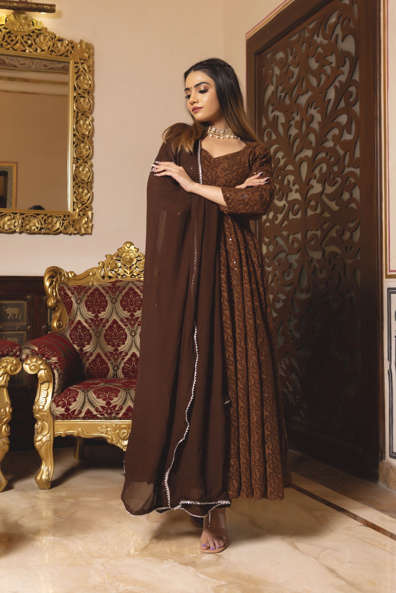 Brown Berry Chikankari Anarkali Suit Set