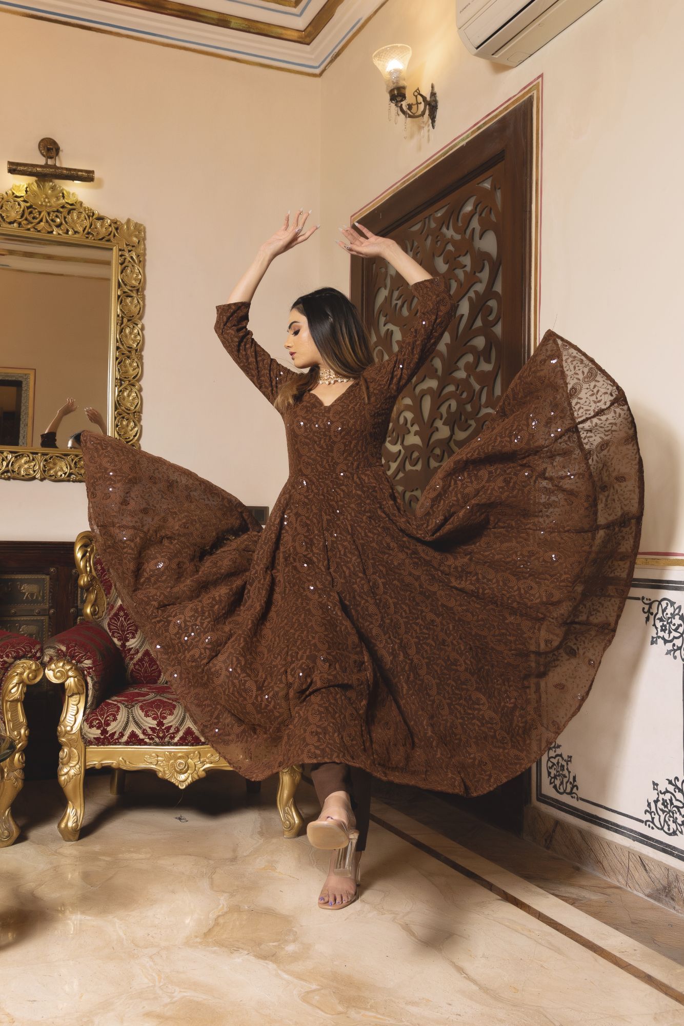 Brown Berry Chikankari Anarkali Suit Set