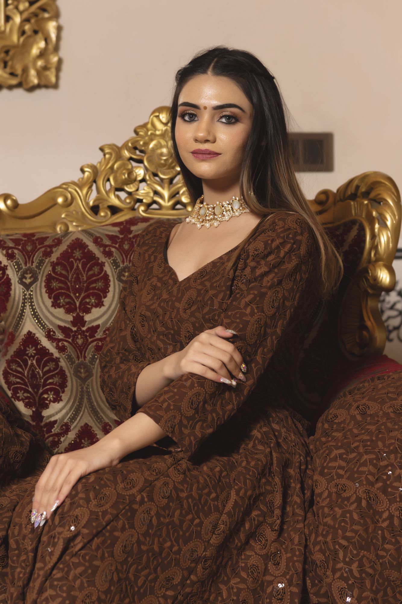 Brown Berry Chikankari Anarkali Suit Set