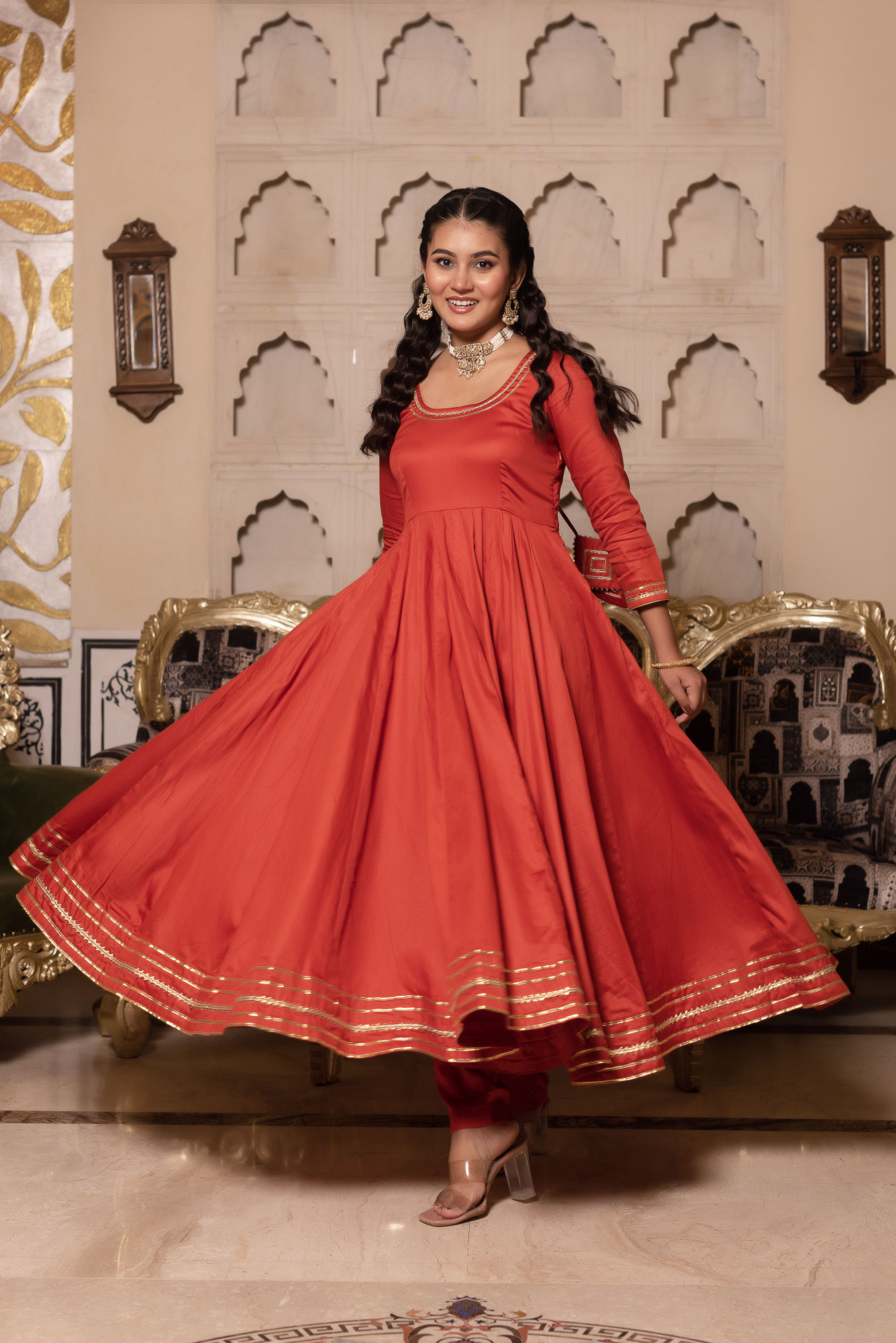 Juniper Orange Anarkali Suit Set