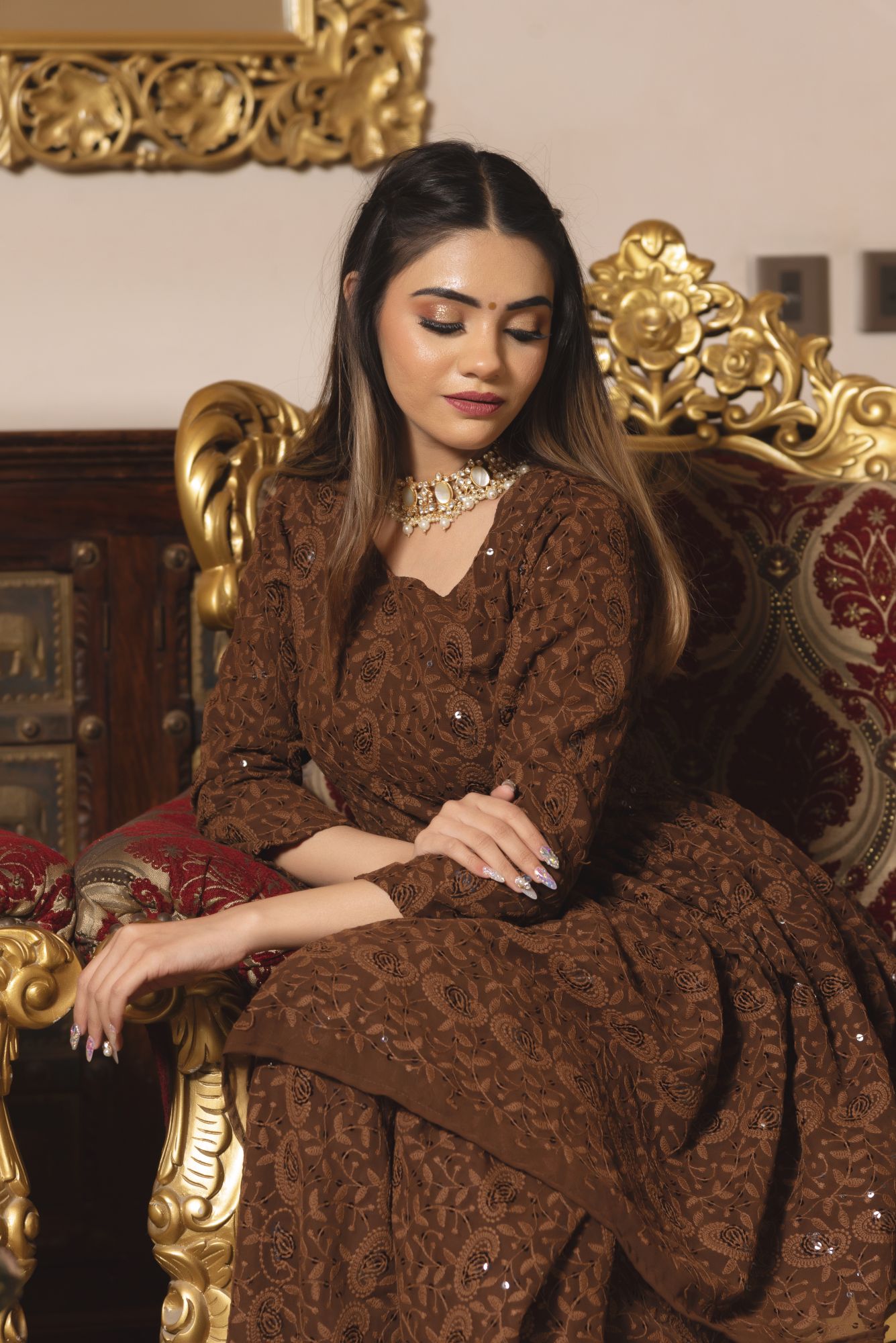 Brown Berry Chikankari Sharara Set