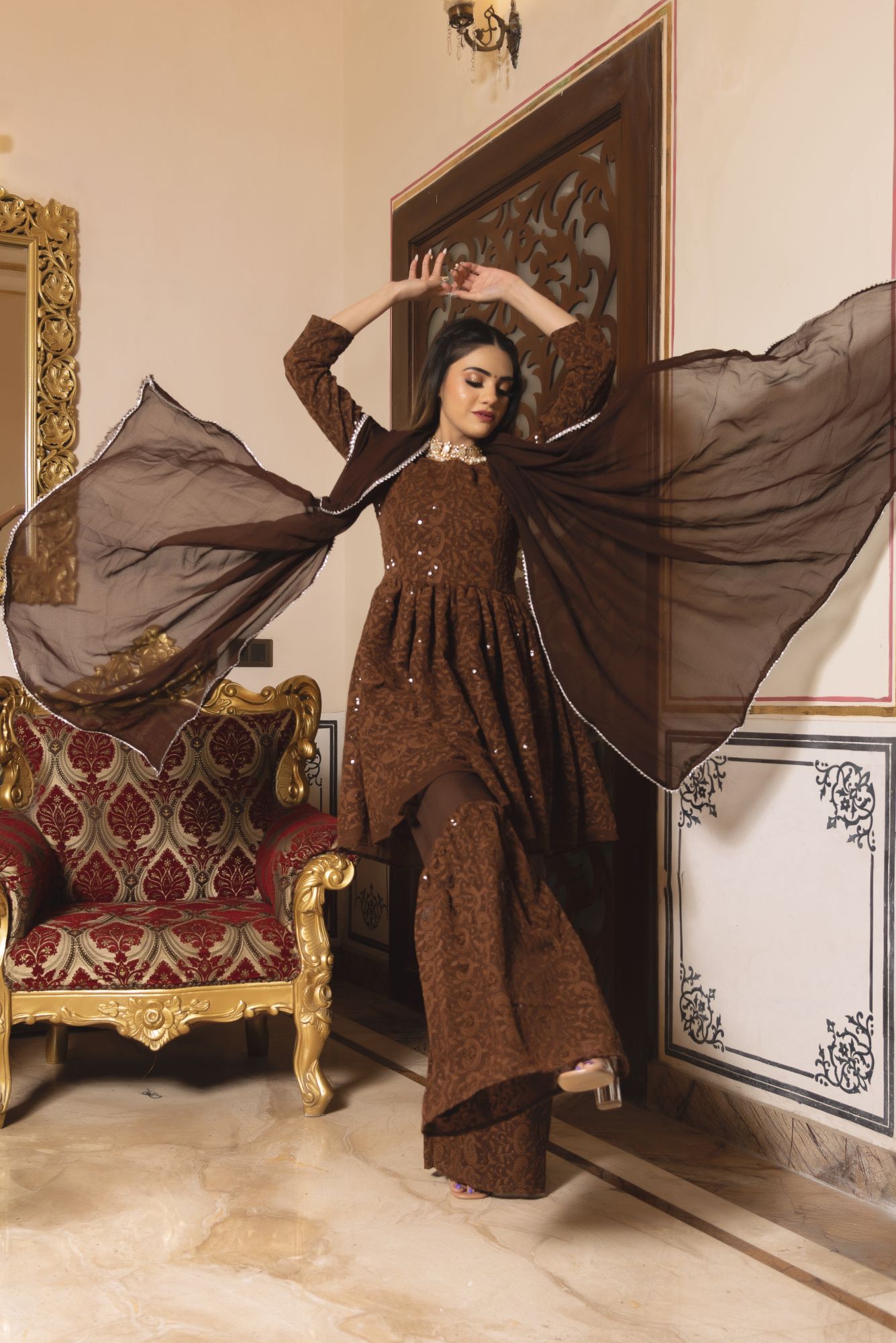 Brown Berry Chikankari Sharara Set