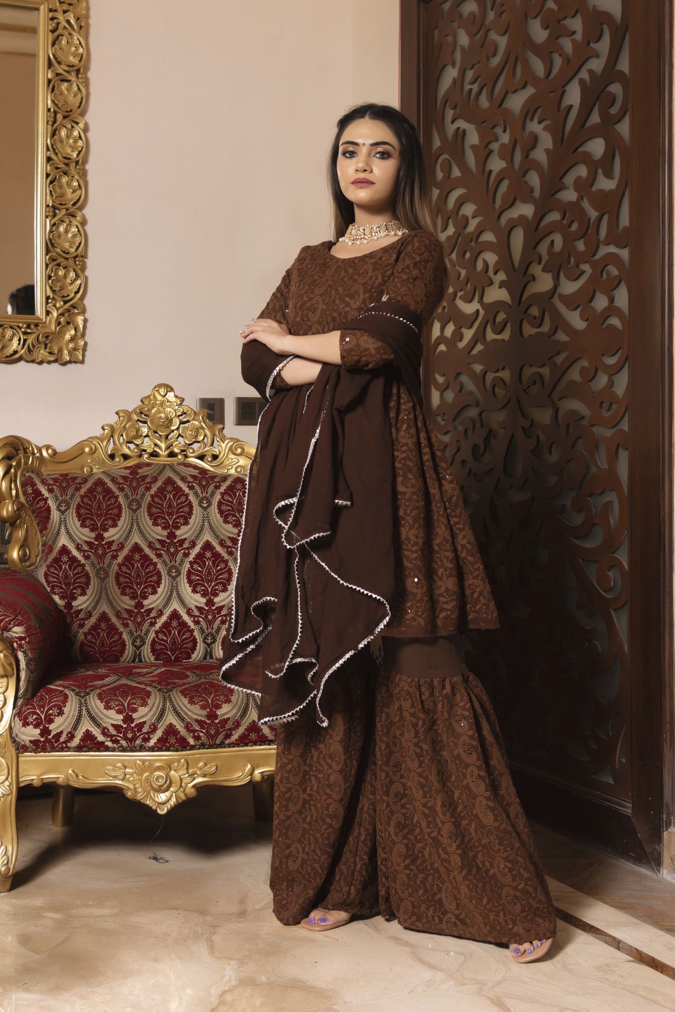 Brown Berry Chikankari Sharara Set
