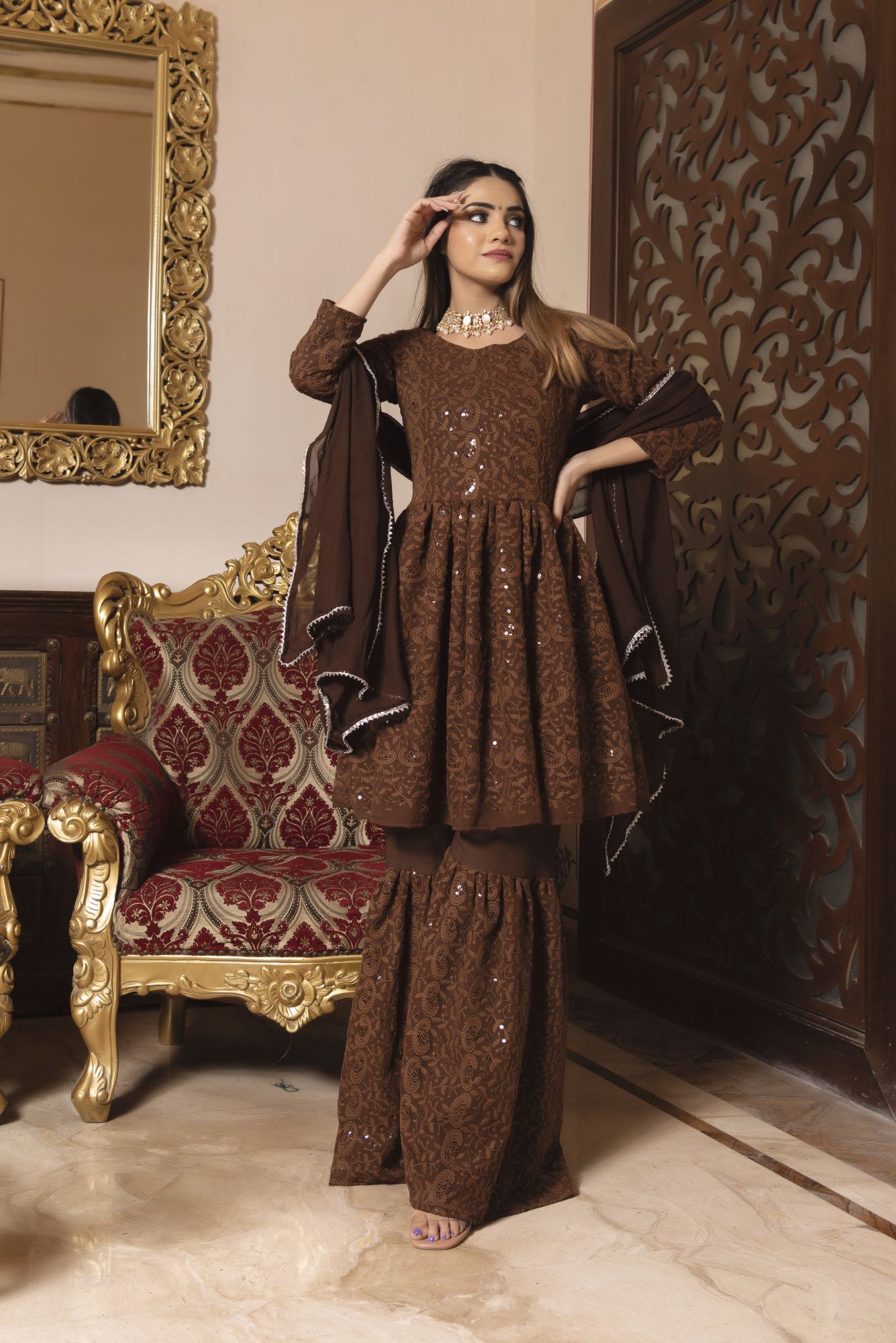 Brown Berry Chikankari Sharara Set