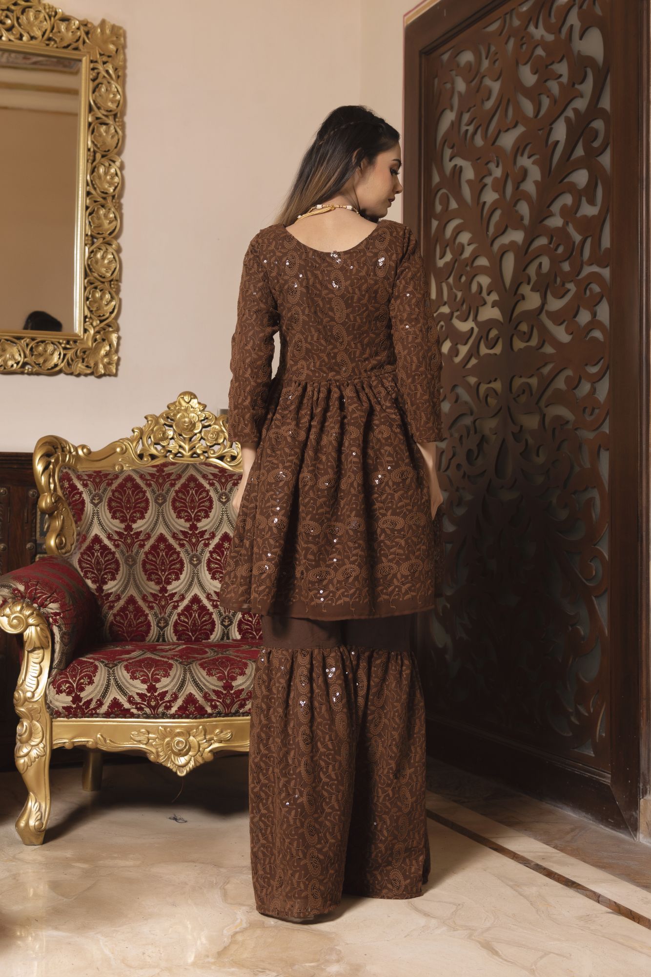 Brown Berry Chikankari Sharara Set
