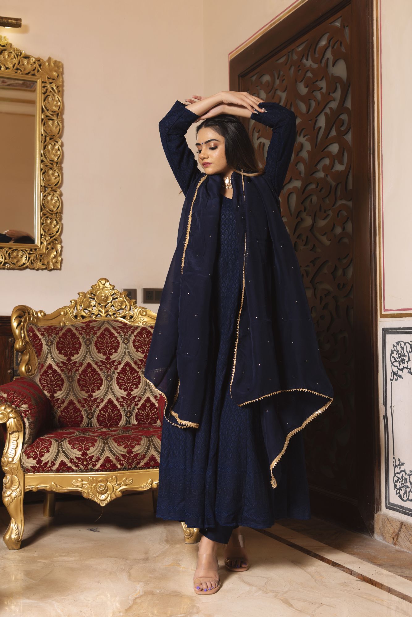 Royal Blue Chikankari Anarkali Suit Set