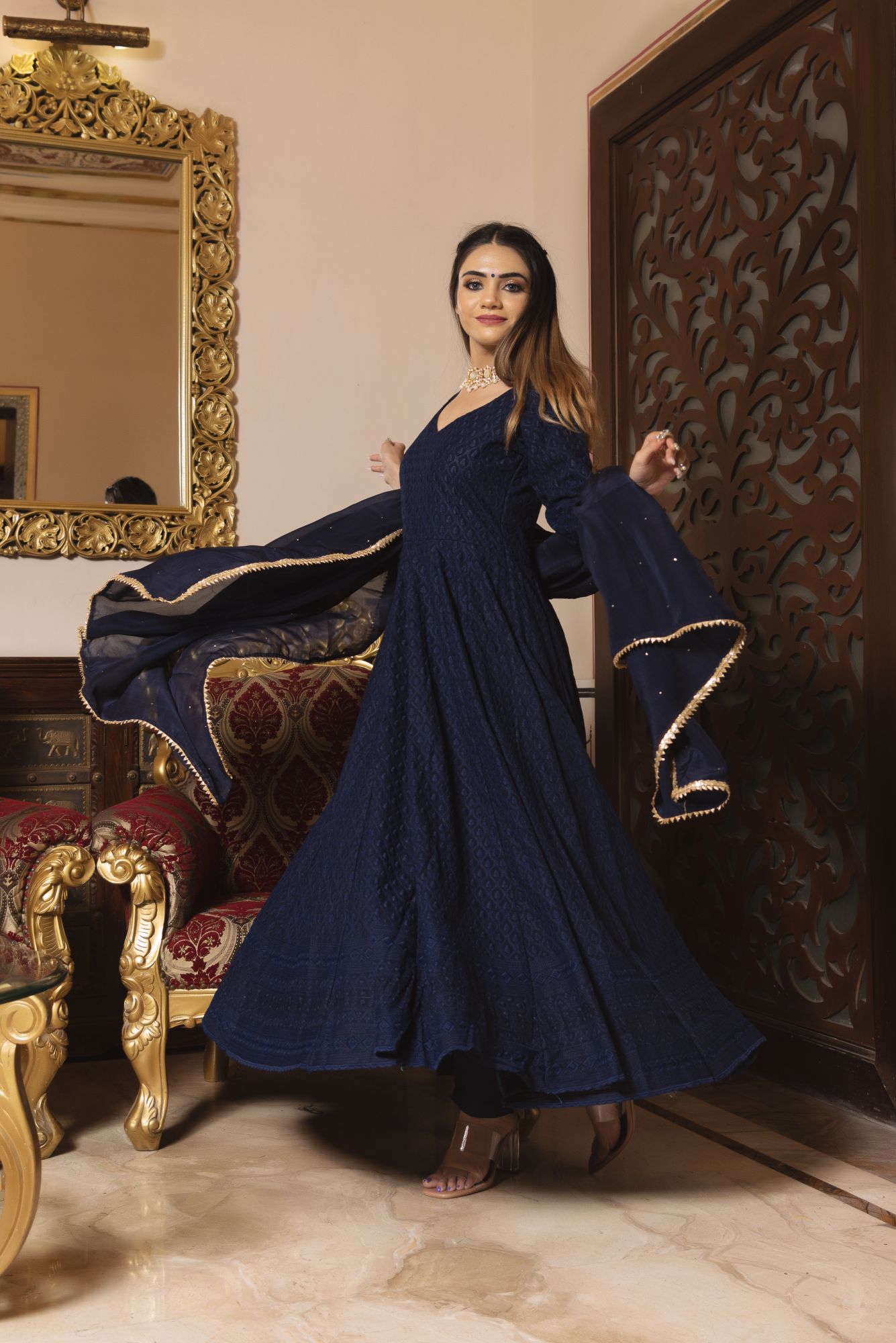 Royal Blue Chikankari Anarkali Suit Set