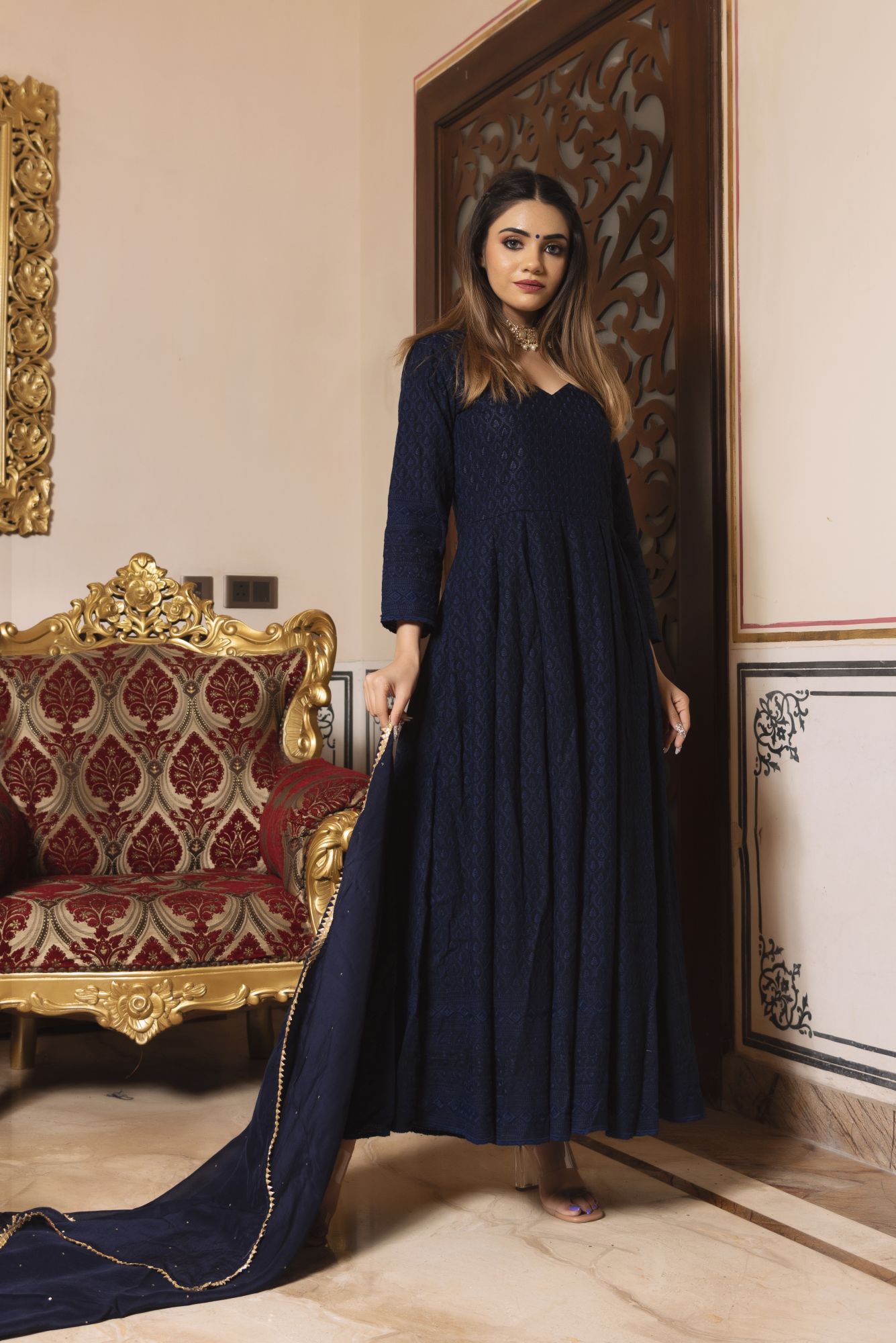 Royal Blue Chikankari Anarkali Suit Set