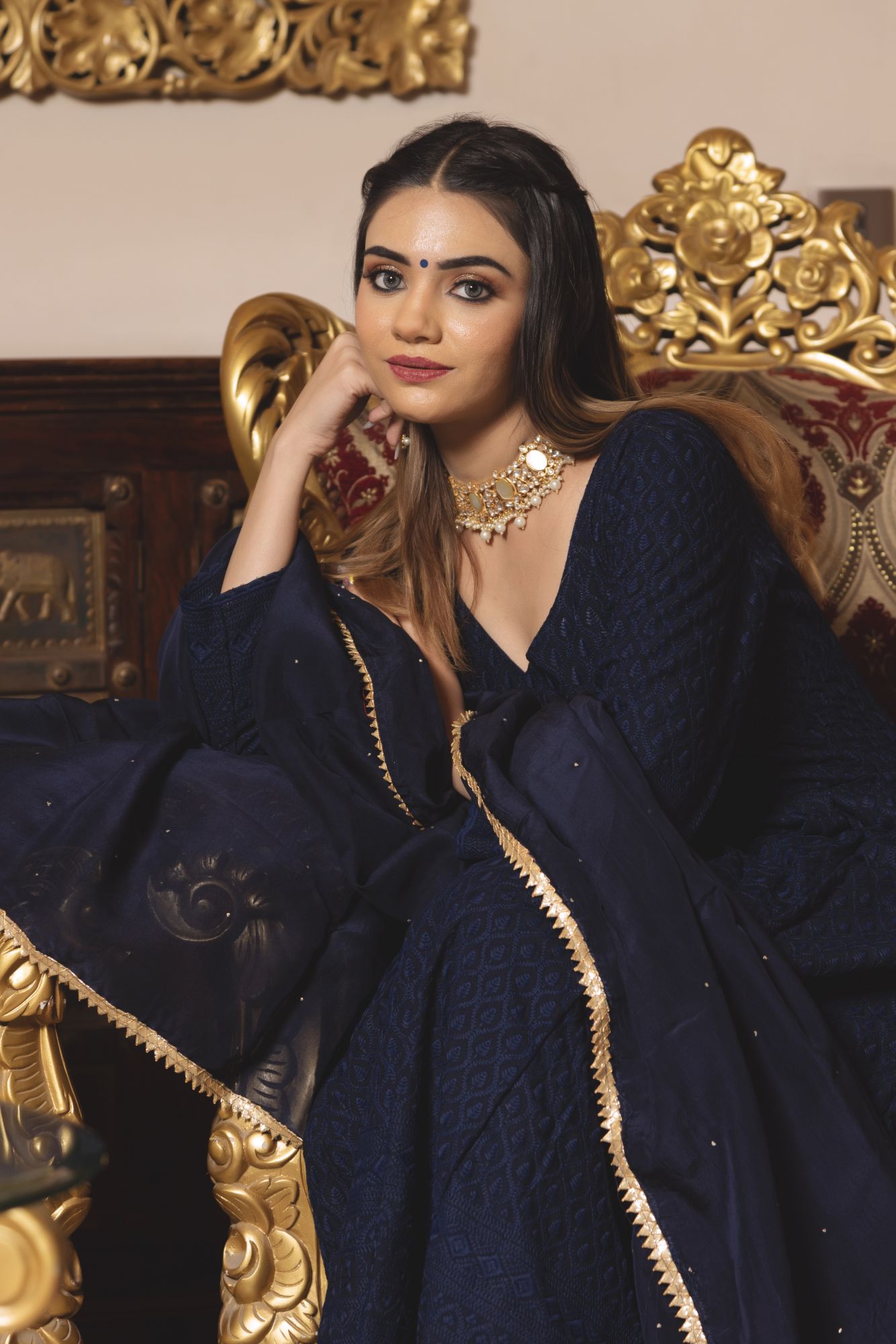 Royal Blue Chikankari Anarkali Suit Set